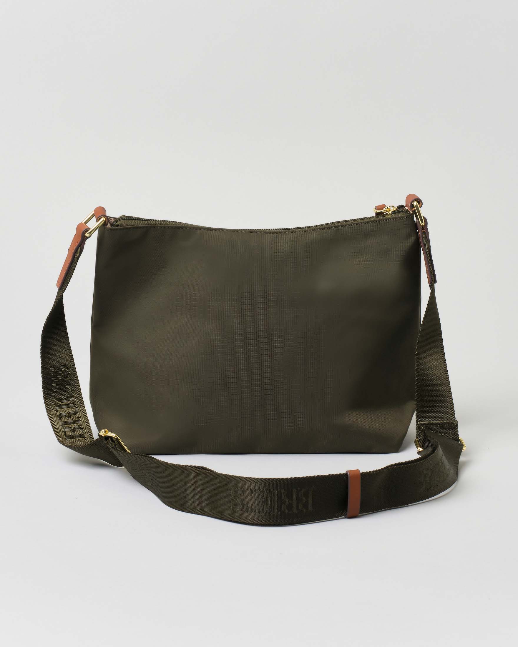 Borsa a tracolla verde oliva Bric's in nylon con tracolla in tessuto regolabile e dettagli in pelle color cuoio