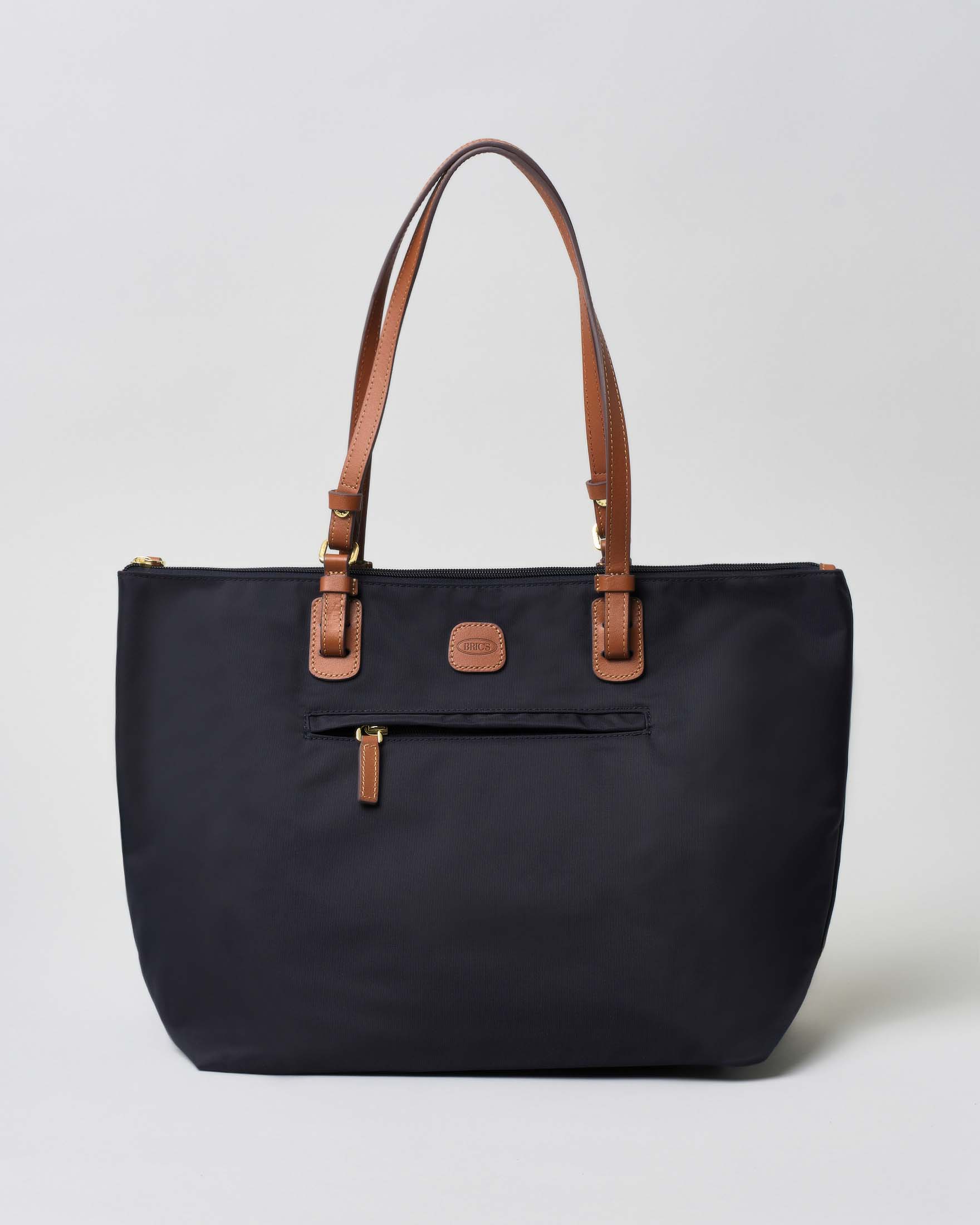 Shopping bag grande blu in nylon con manici in pelle color cuoio