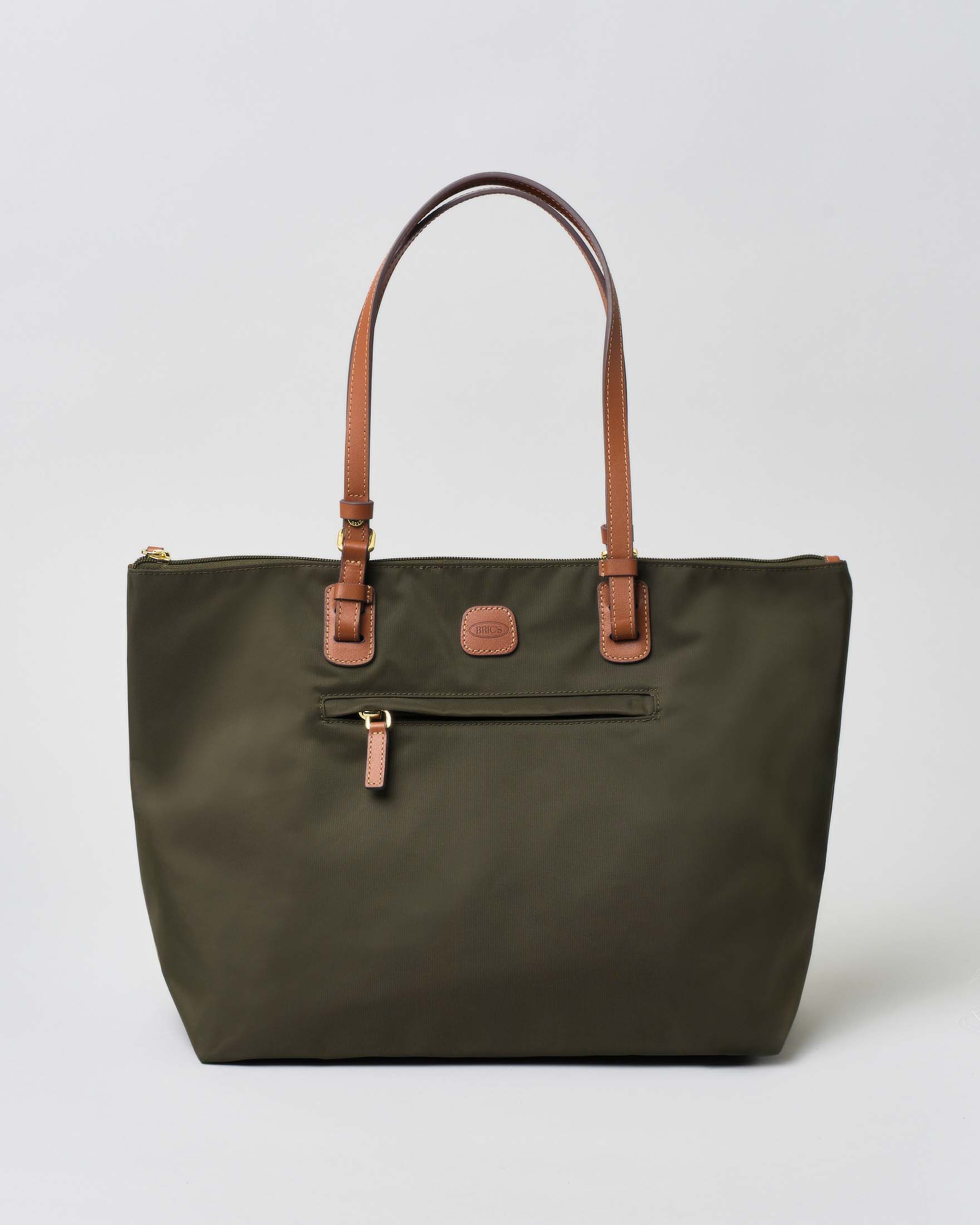 Shopping bag grande verde oliva Bric's in nylon con manici in pelle color cuoio
