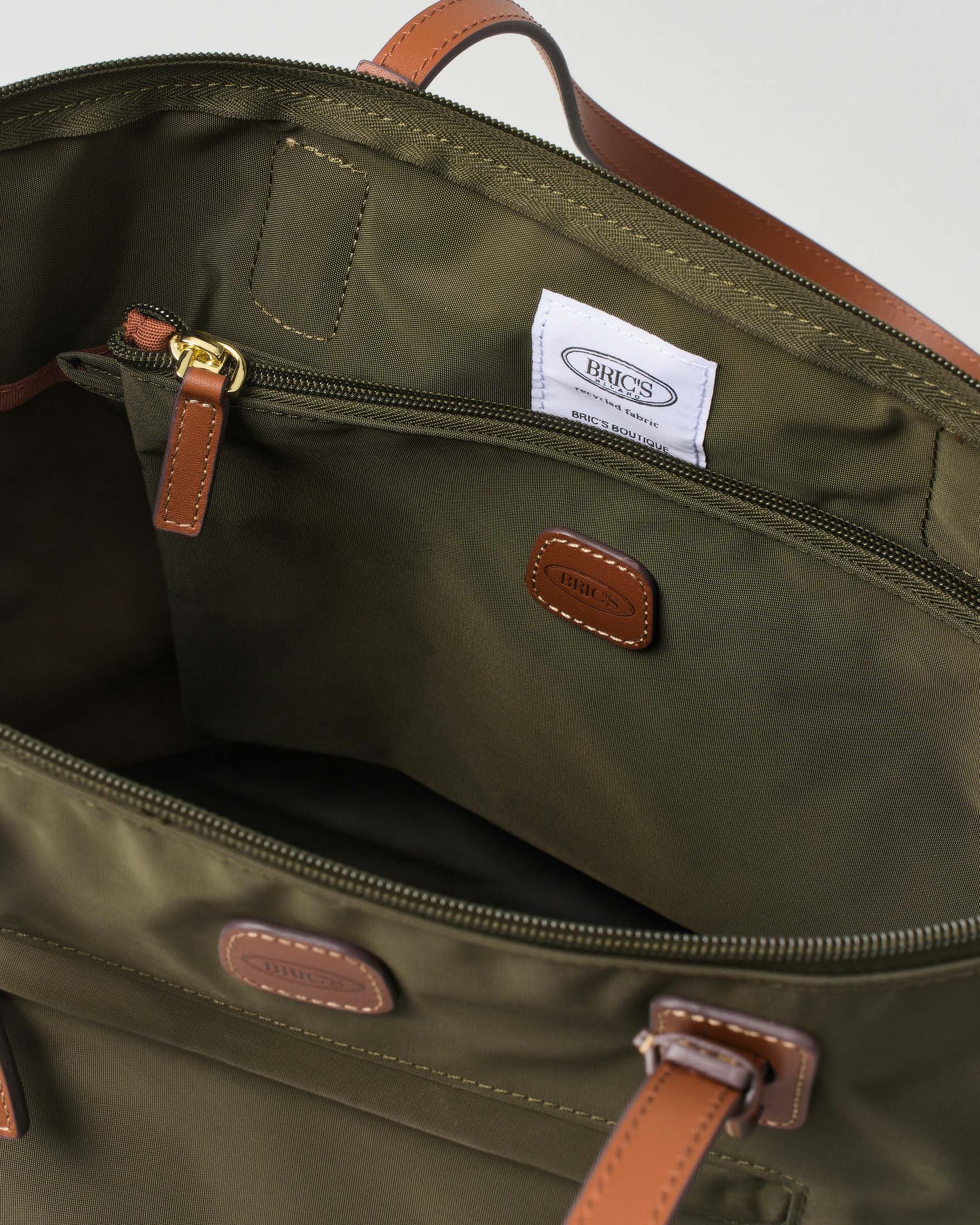 Shopping bag grande verde oliva Bric's in nylon con manici in pelle color cuoio
