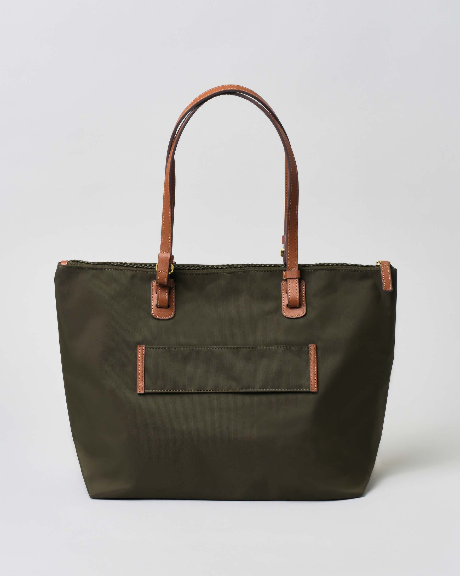 Shopping bag grande verde oliva Bric's in nylon con manici in pelle color cuoio