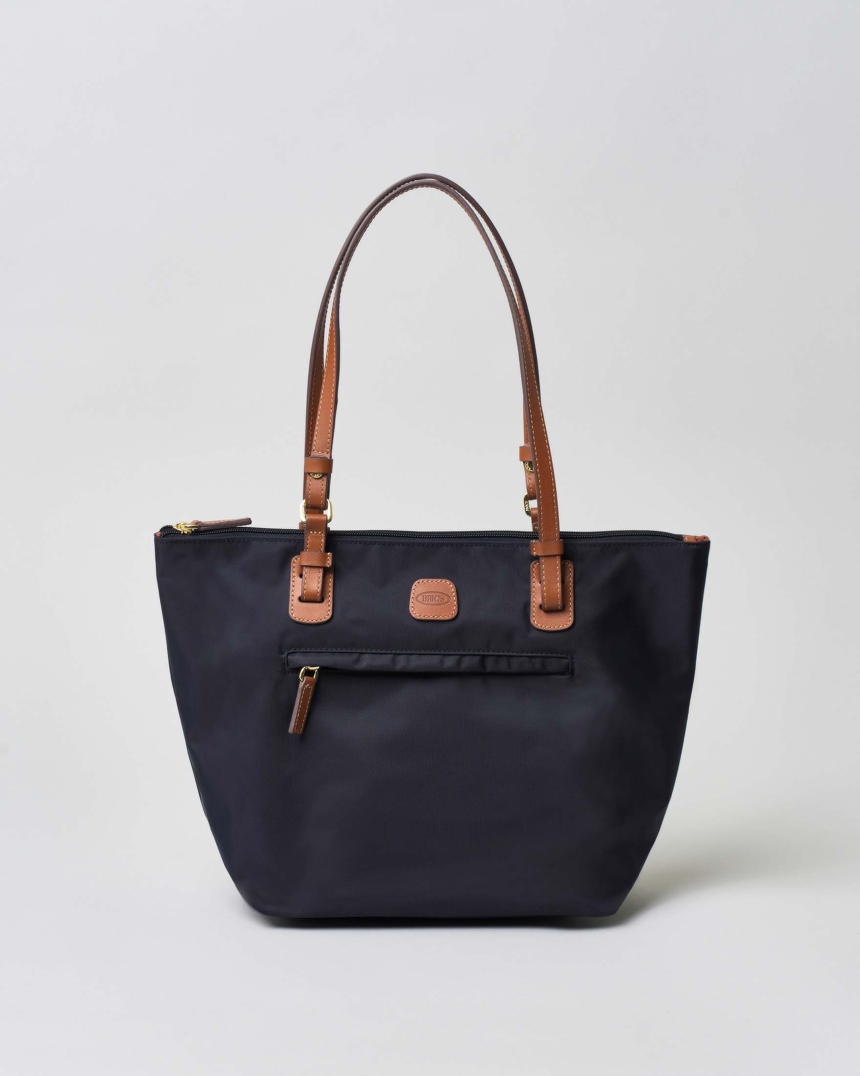 Shopping bag blu Bric's misura media in nylon con manici in pelle color cuoio