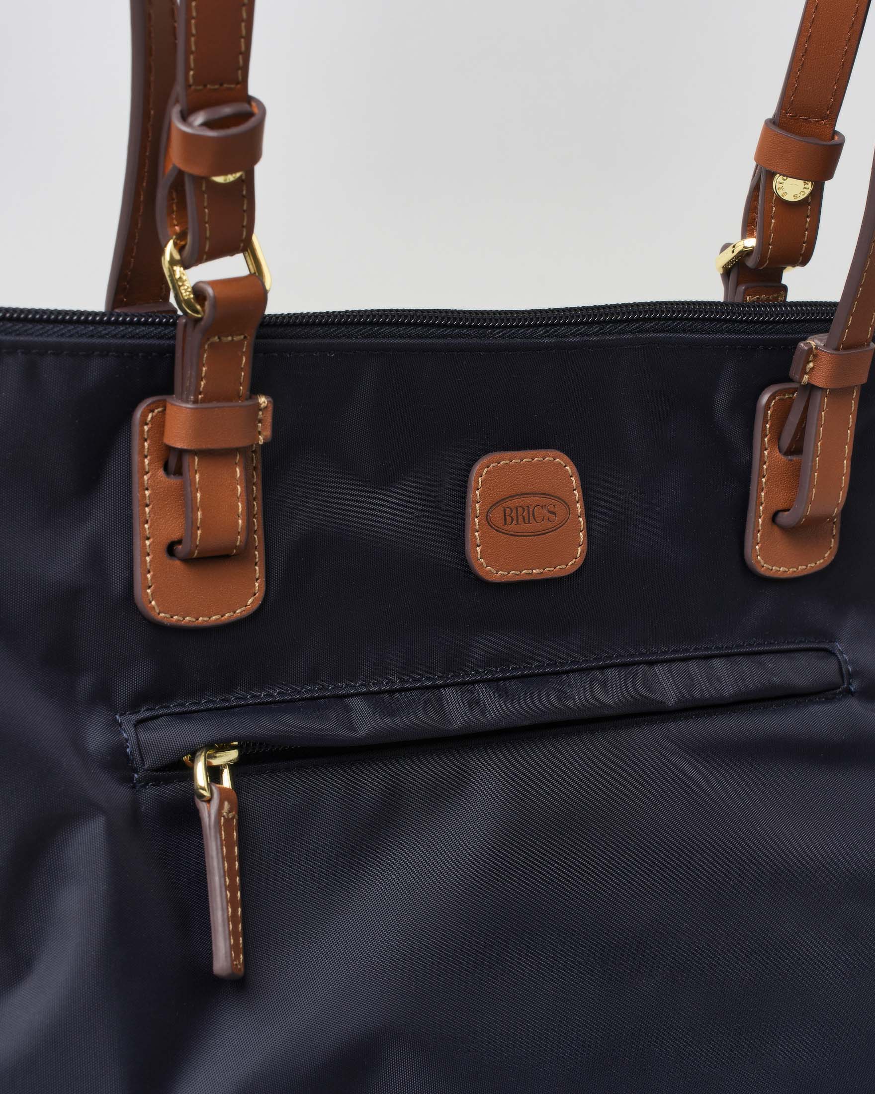 Shopping bag blu Bric's misura media in nylon con manici in pelle color cuoio