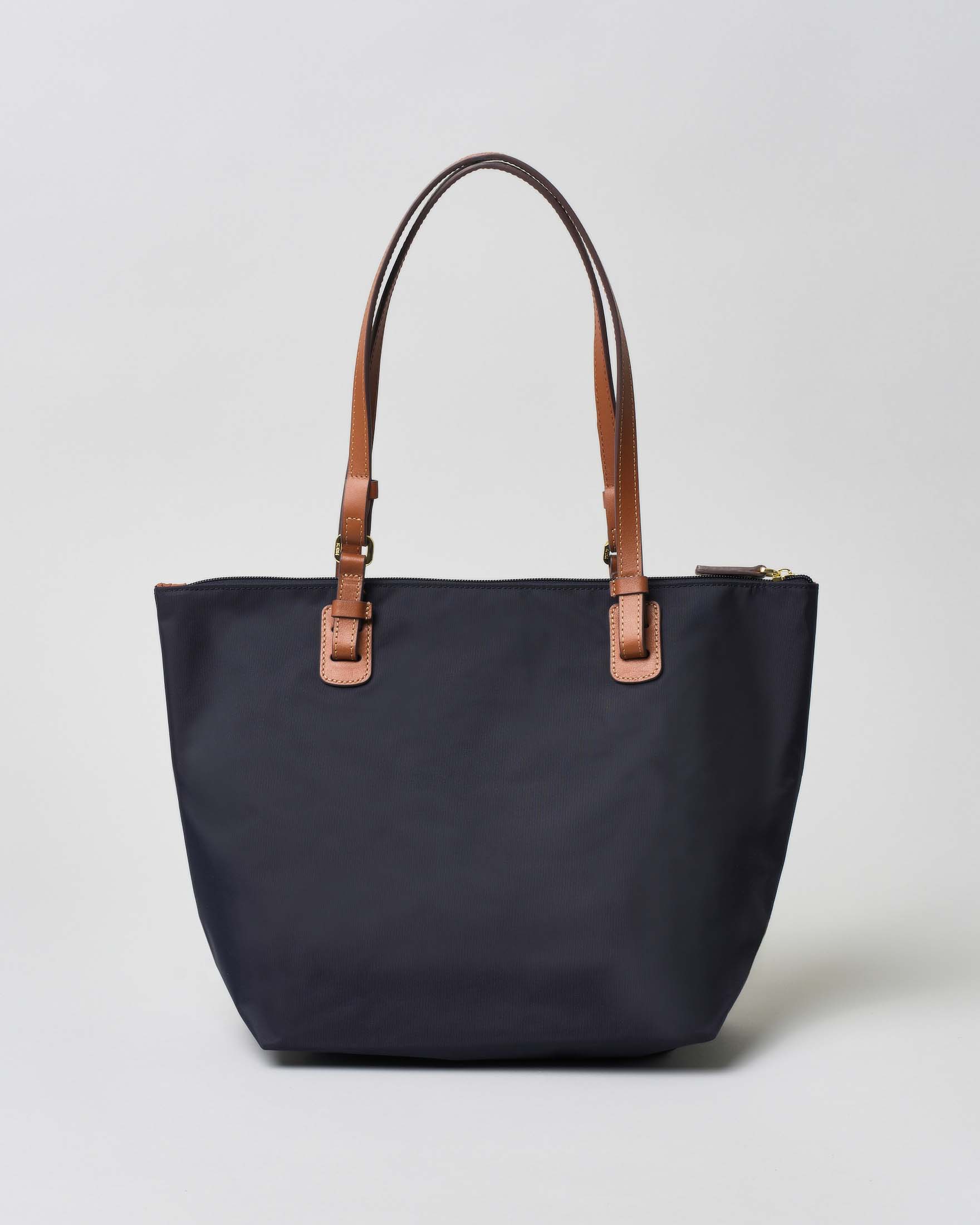 Shopping bag blu Bric's misura media in nylon con manici in pelle color cuoio