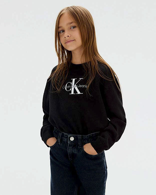 Maglia girocollo Calvin Klein nera in cotone con logo monogramma ricamato davanti