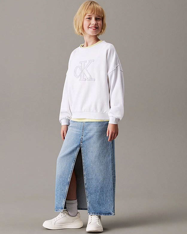 Felpa oversize Calvin Klein bianca in puro cotone con logo monogramma argento
