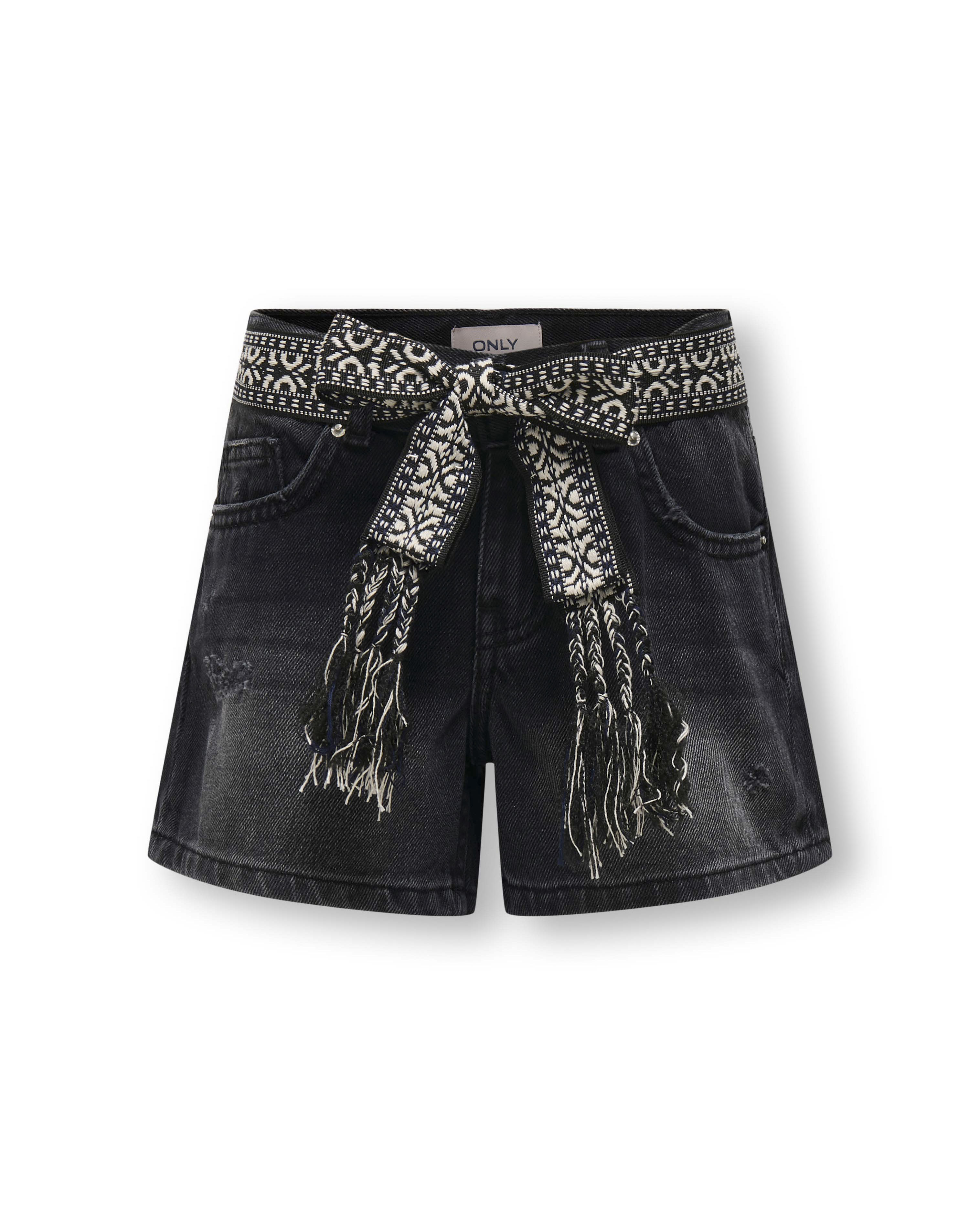 Short nero Only in denim con cintura etnica con frange