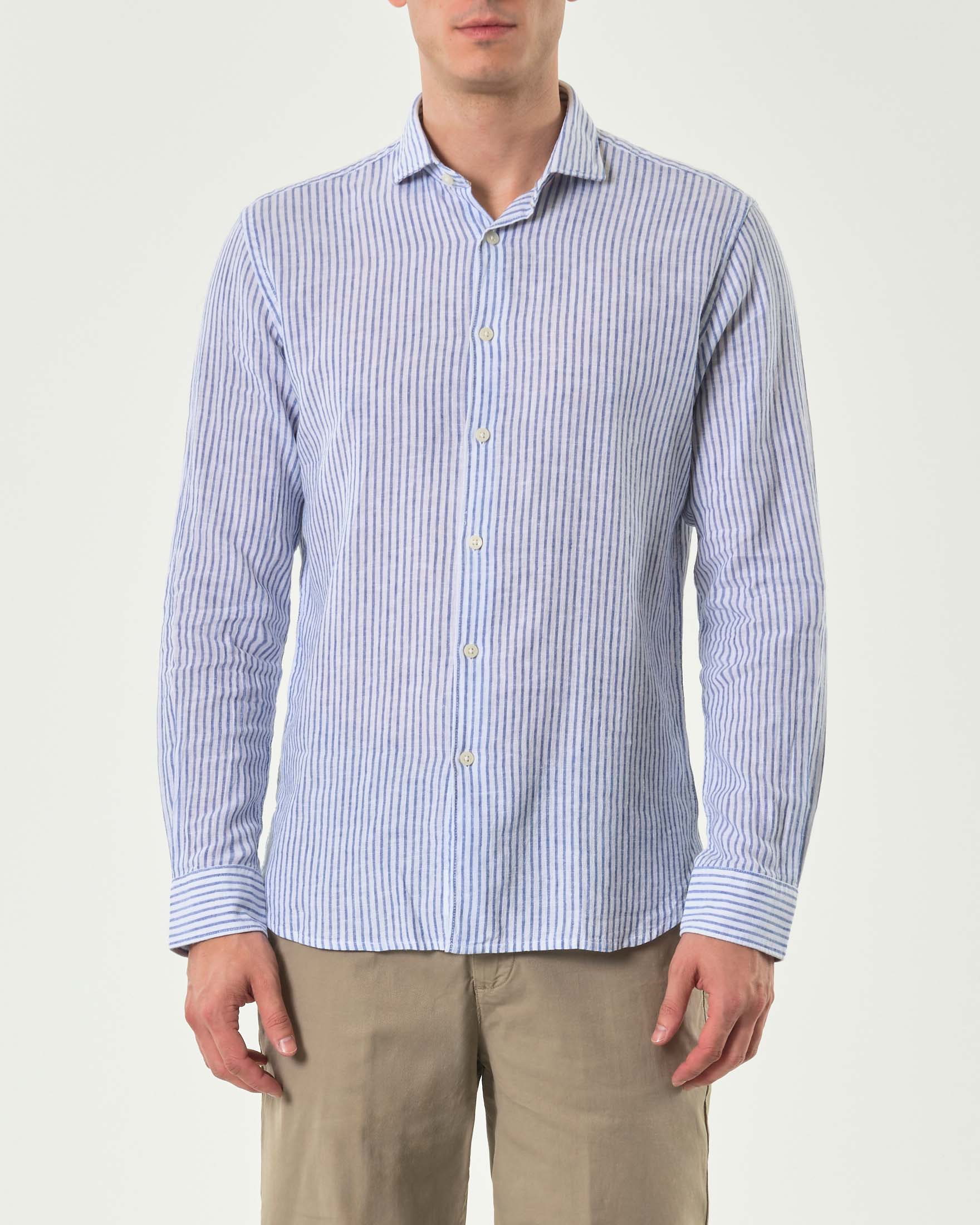 Camicia in fantasia bastoncino bianco e azzurro di misto lino e cotone