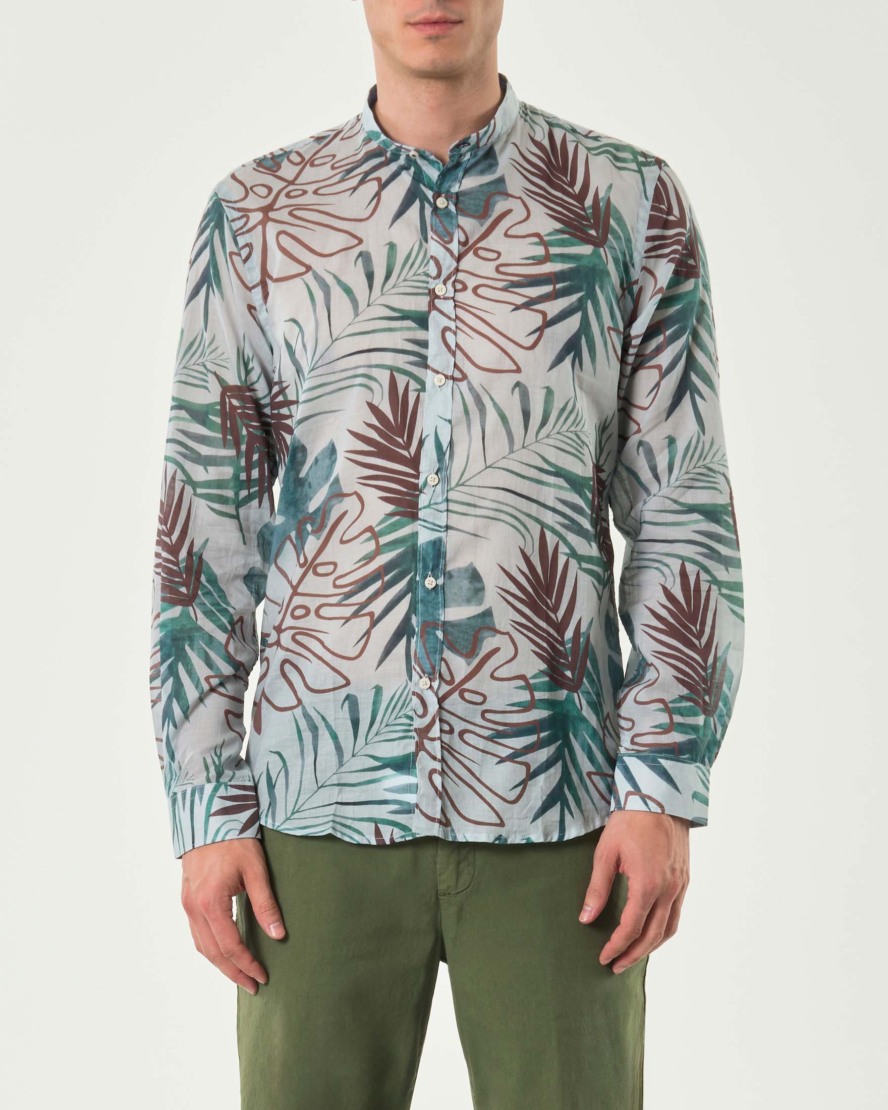 Camicia coreana verde salvia a fantasia felci in leggera mussola di cotone