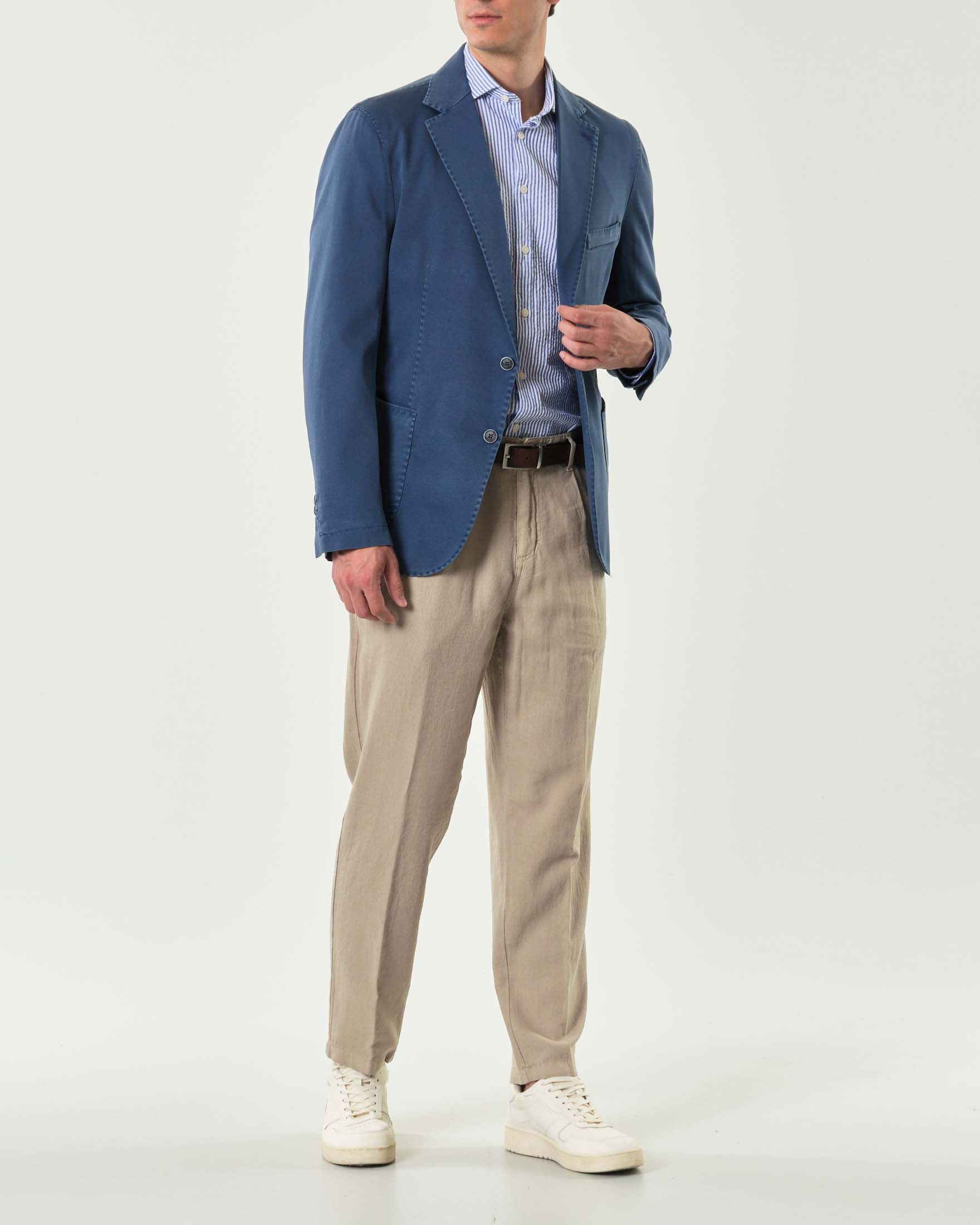 Blazer blu indaco in cotone stretch con impunture a vista