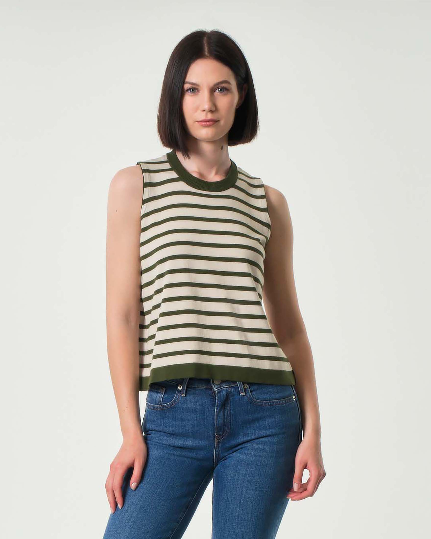 Maglia senza maniche K-Way in cotone a righe color gesso e verde militare