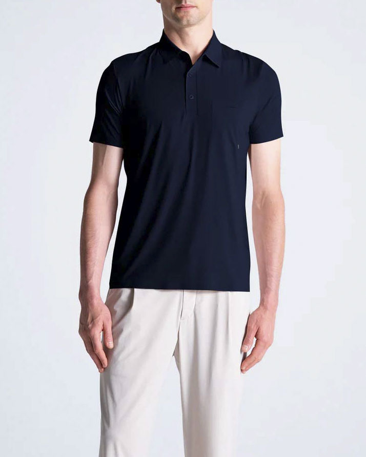 Duno — Polo mezza manica Duno blu in tessuto tecnico bi-stretch con taschino