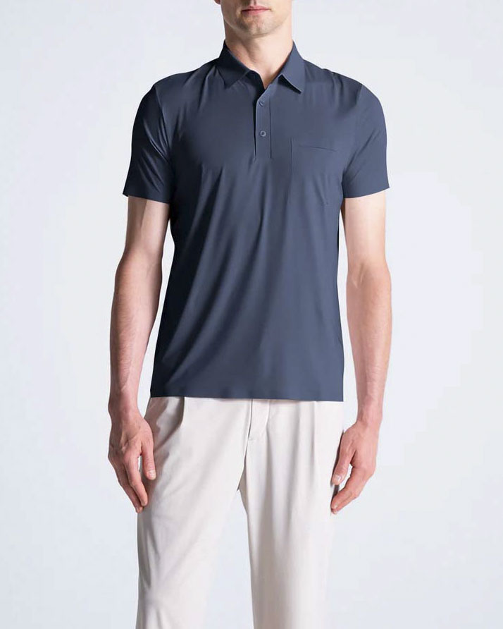 Duno — Polo mezza manica Duno blu indaco in tessuto tecnico bi-stretch con taschino