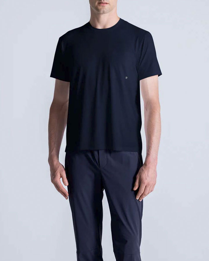 T-shirt mezza manica blu in tessuto tecnico stretch con taschino