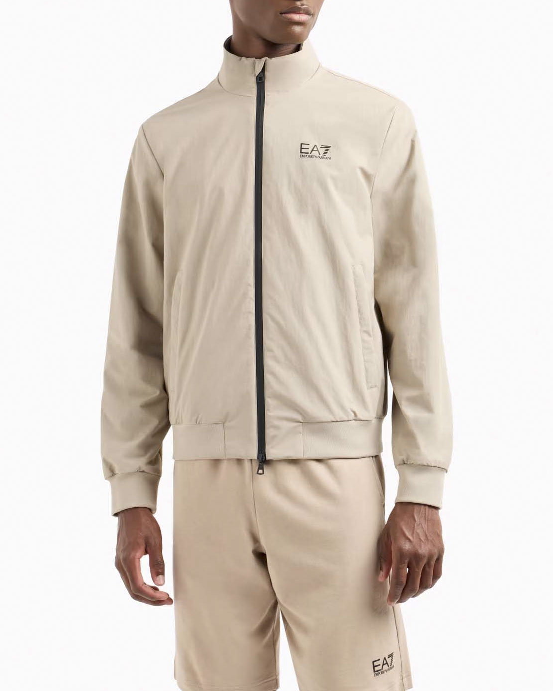 Bomber EA7 beige in nylon con cerniera in contrasto e logo stampato sul petto