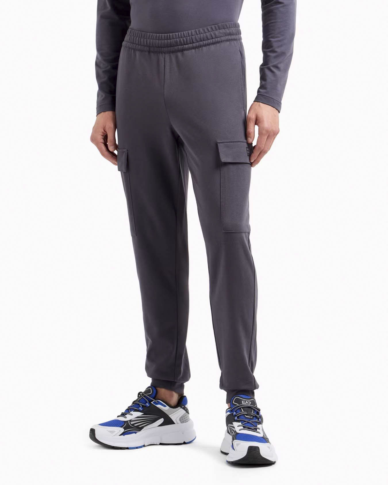 Pantalone cargo EA7 grigio in felpa di puro cotone
