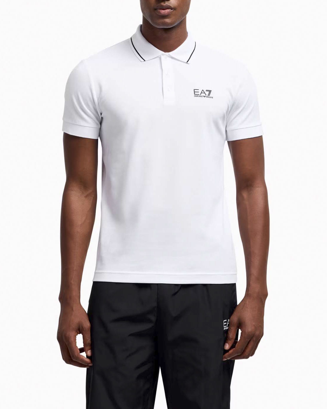 Polo EA7 bianca in piquet di cotone stretch con bordino in contrasto