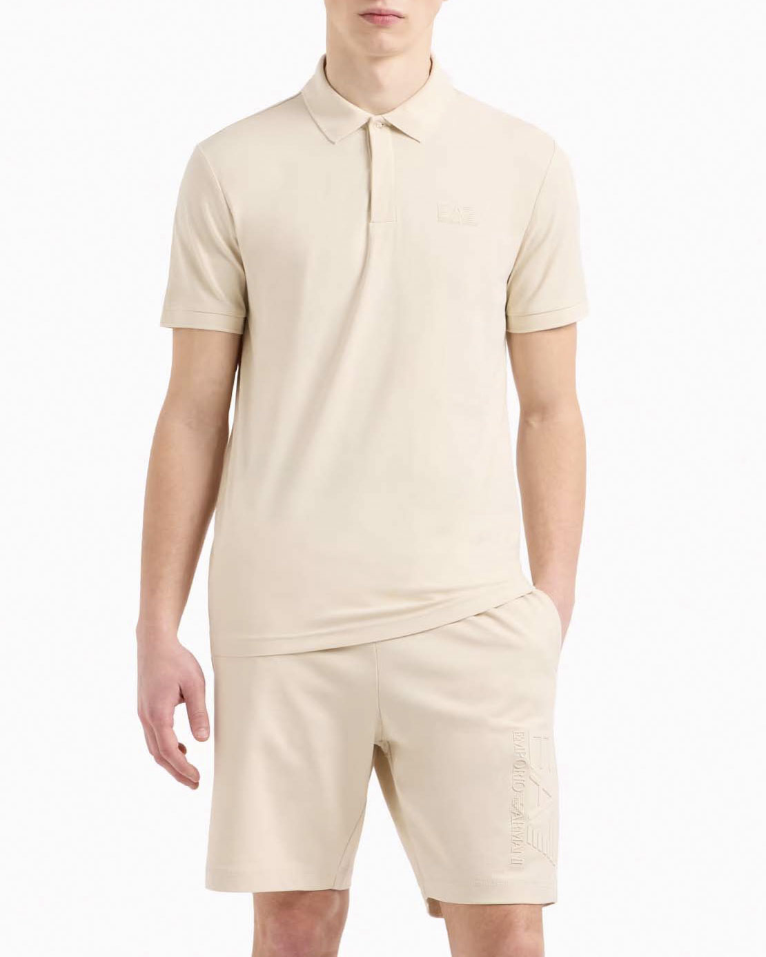 EA7 — Polo EA7 beige in jersey di cotone stretch con logo in tono fronte e retro