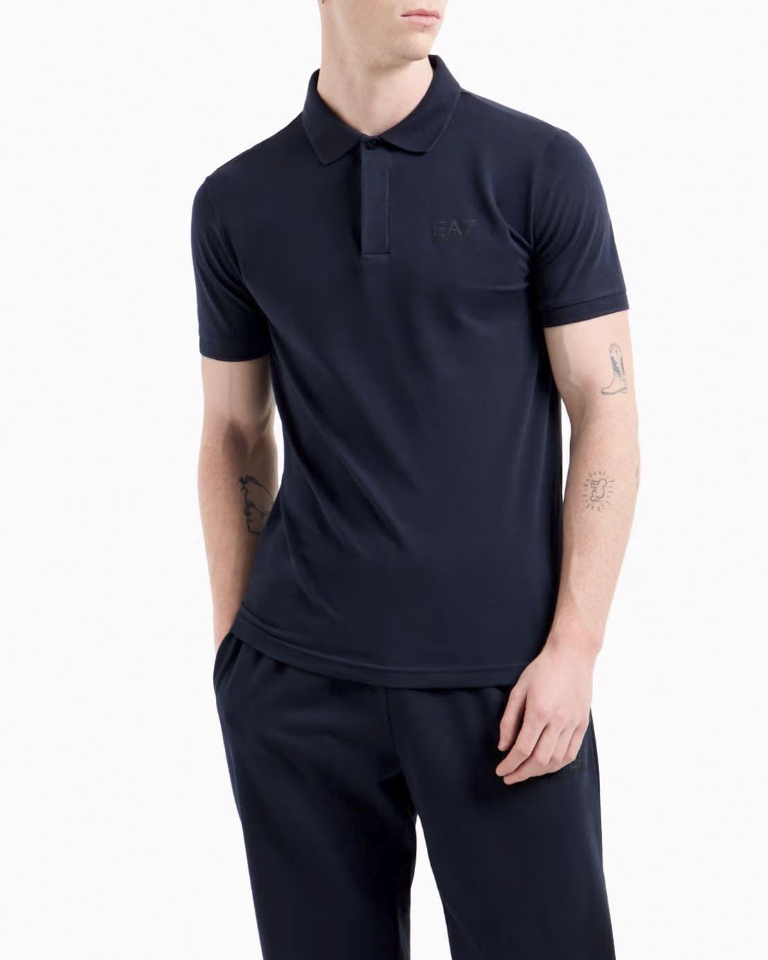 Polo blu in jersey di cotone stretch con logo in tono fronte e retro