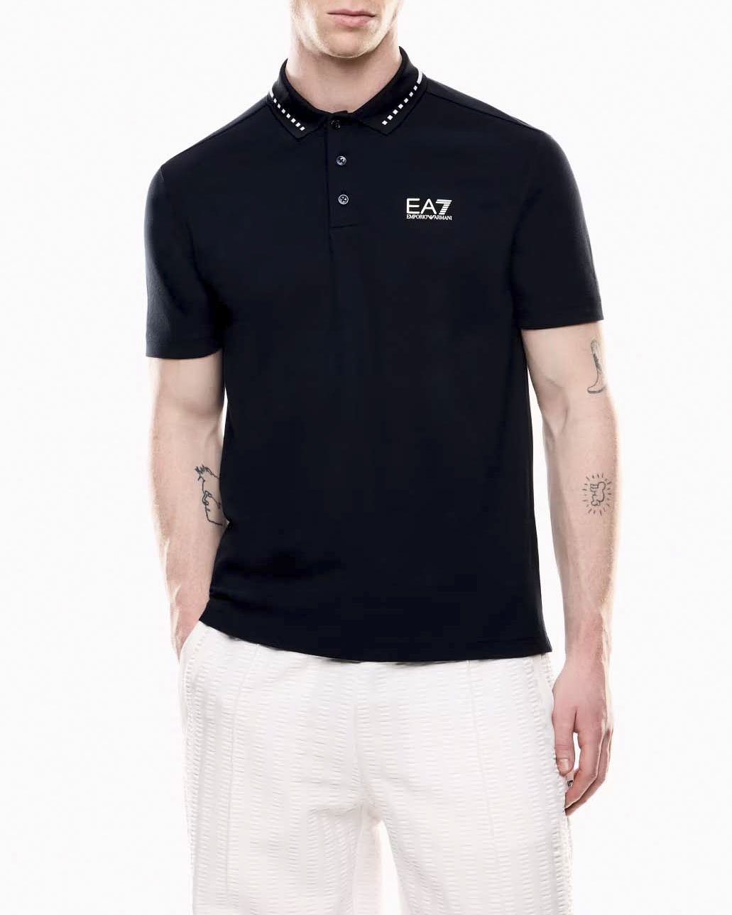 Polo EA7 blu in micro piquet di cotone stretch con bordino in contrasto