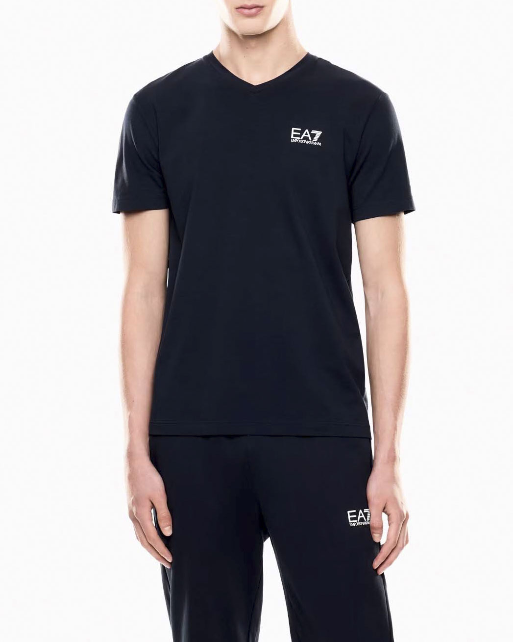 T-shirt blu in cotone stretch con scollo a V e logo bianco sul petto
