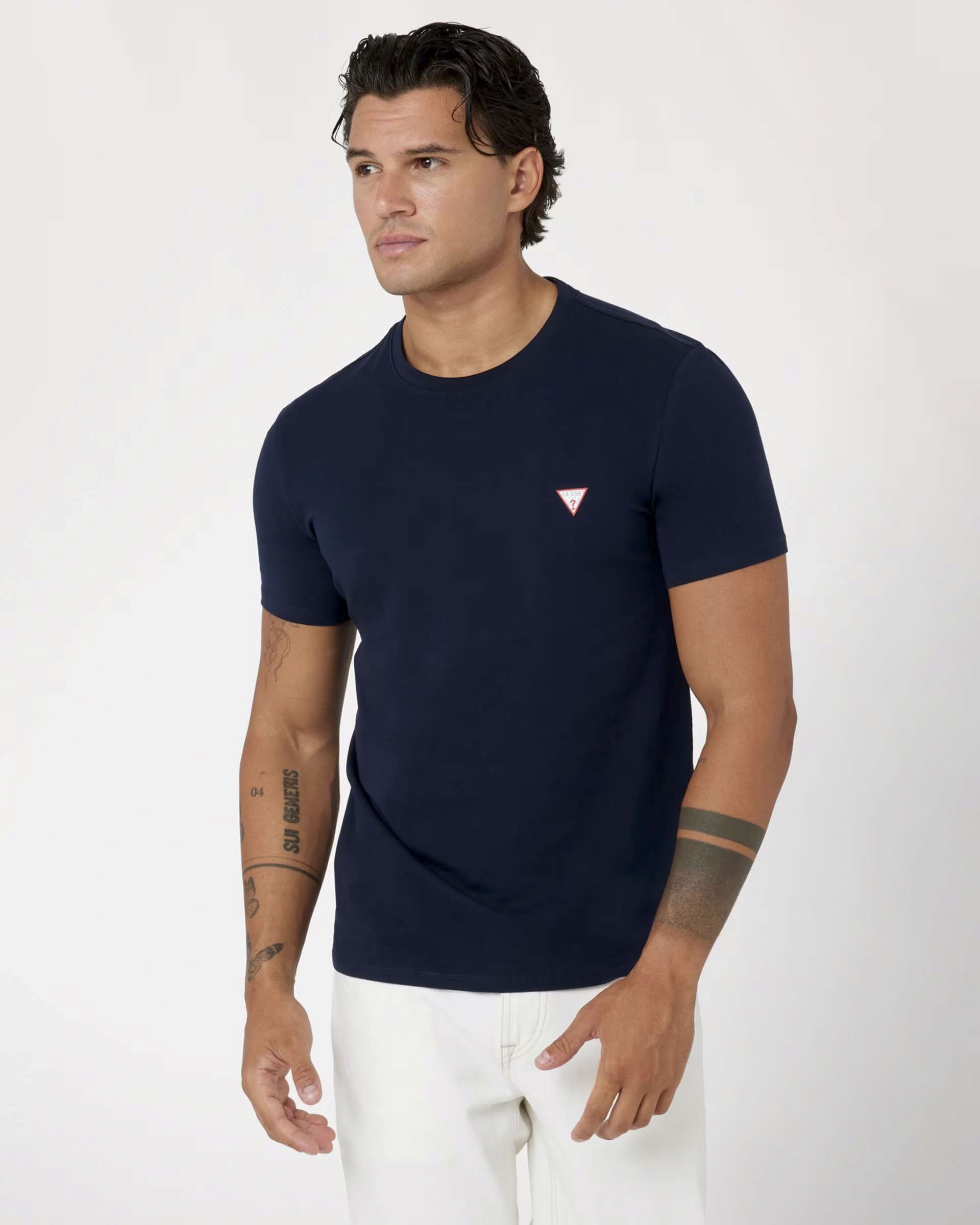 T-shirt mezza manica Guess blu in cotone stretch con stampa logo al petto
