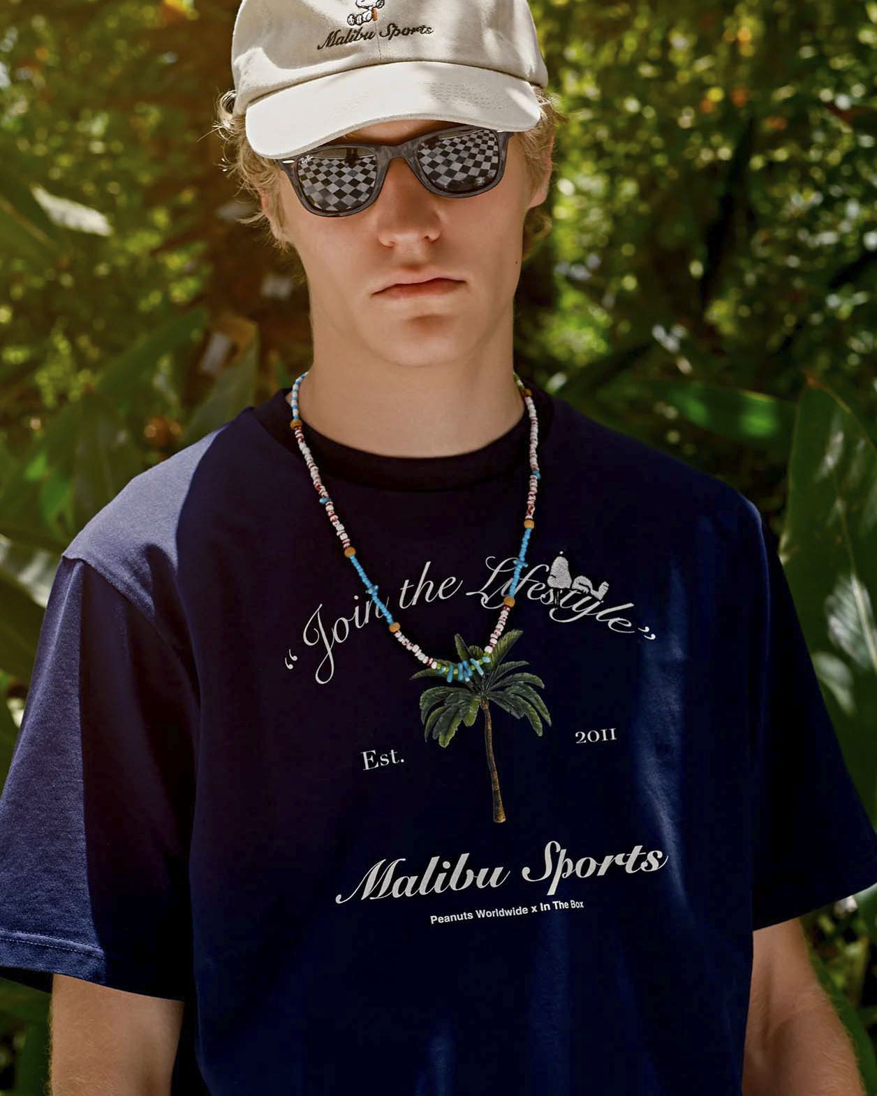 T-shirt mezza manica In the box blu con stampa Malibu