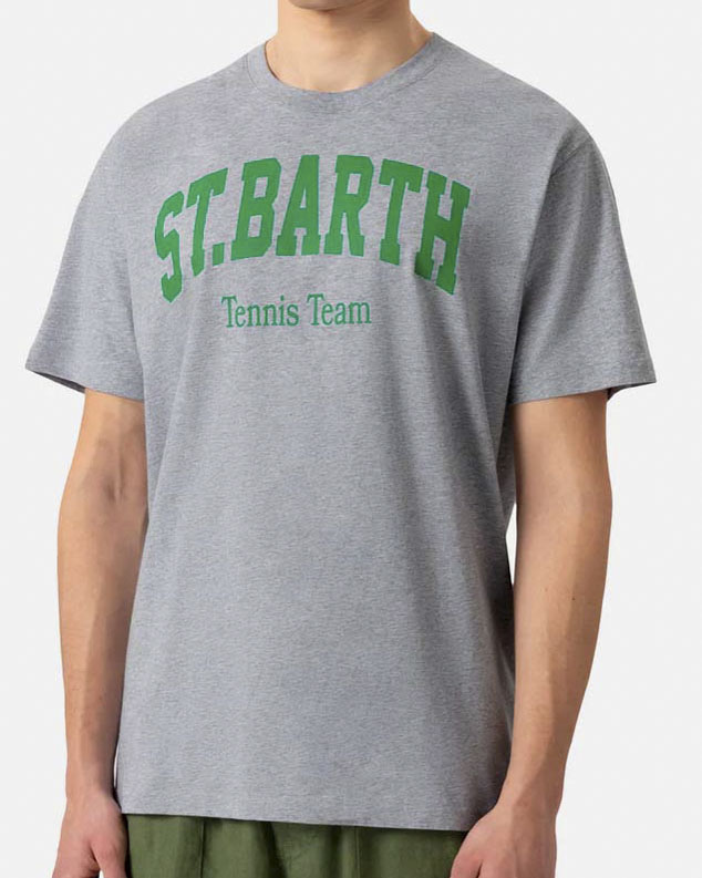 T-shirt MC2 Saint Barth grigio melange con stampa scritta logo e tennis team davanti