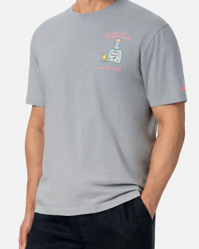 T-shirt grigia con ricamo Tequila Social Club sul petto