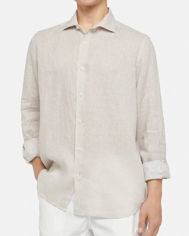 Camicia bastoncino bianco e beige in puro lino con collo alla francese