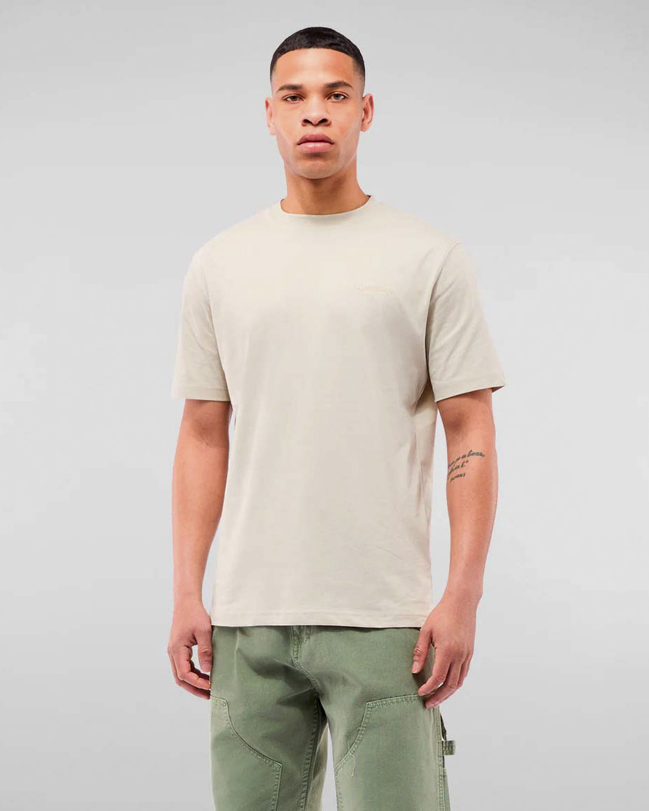 T-shirt mezza manica sabbia con logo scritta ricamato in tono sul petto