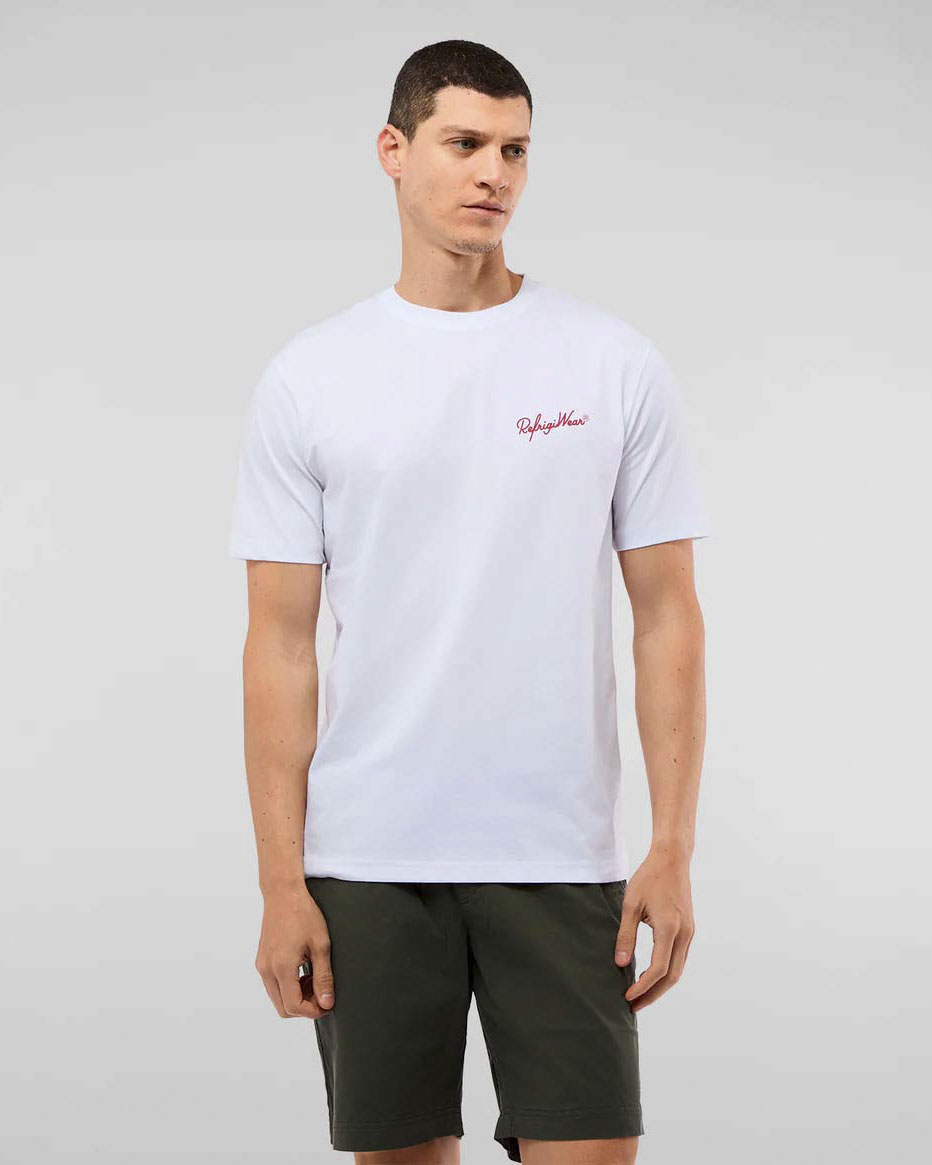 T-shirt mezza manica bianca con logo scritta sul petto e maxi stampa sul retro