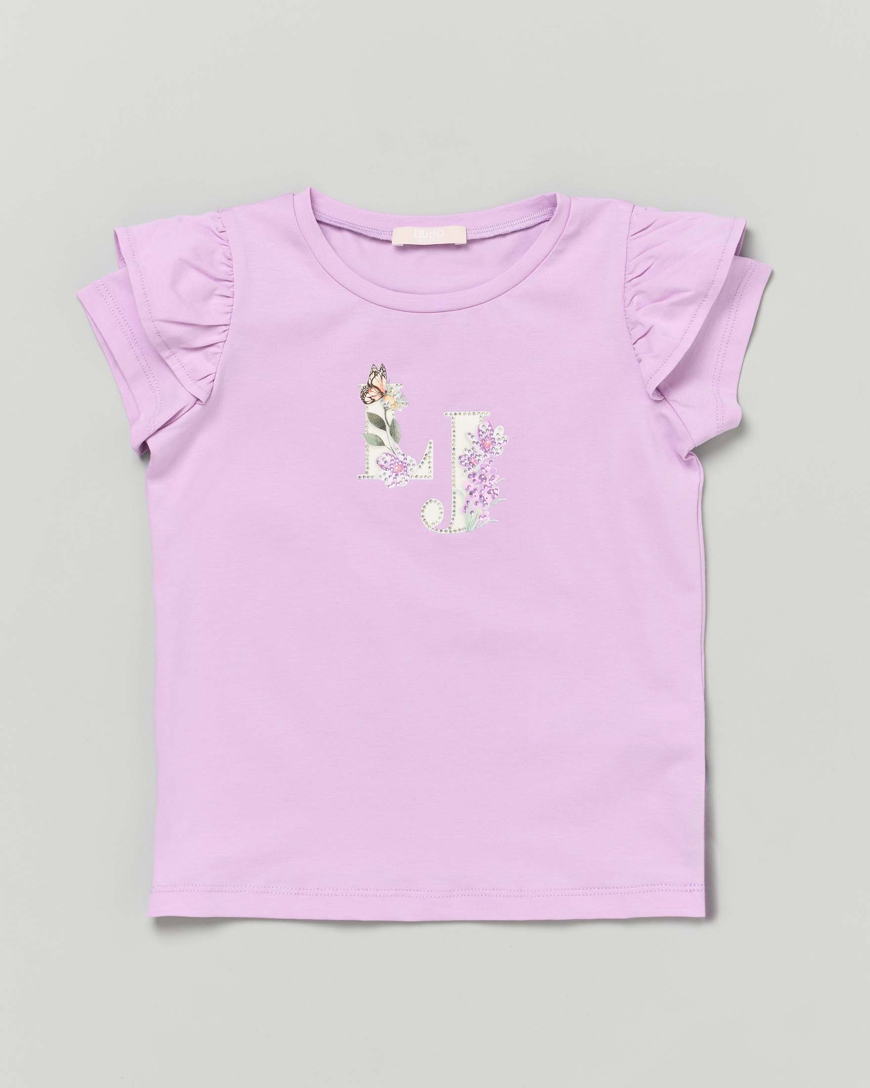 T-shirt Liu-Jo lilla con volants e logo Icon floreale con strass