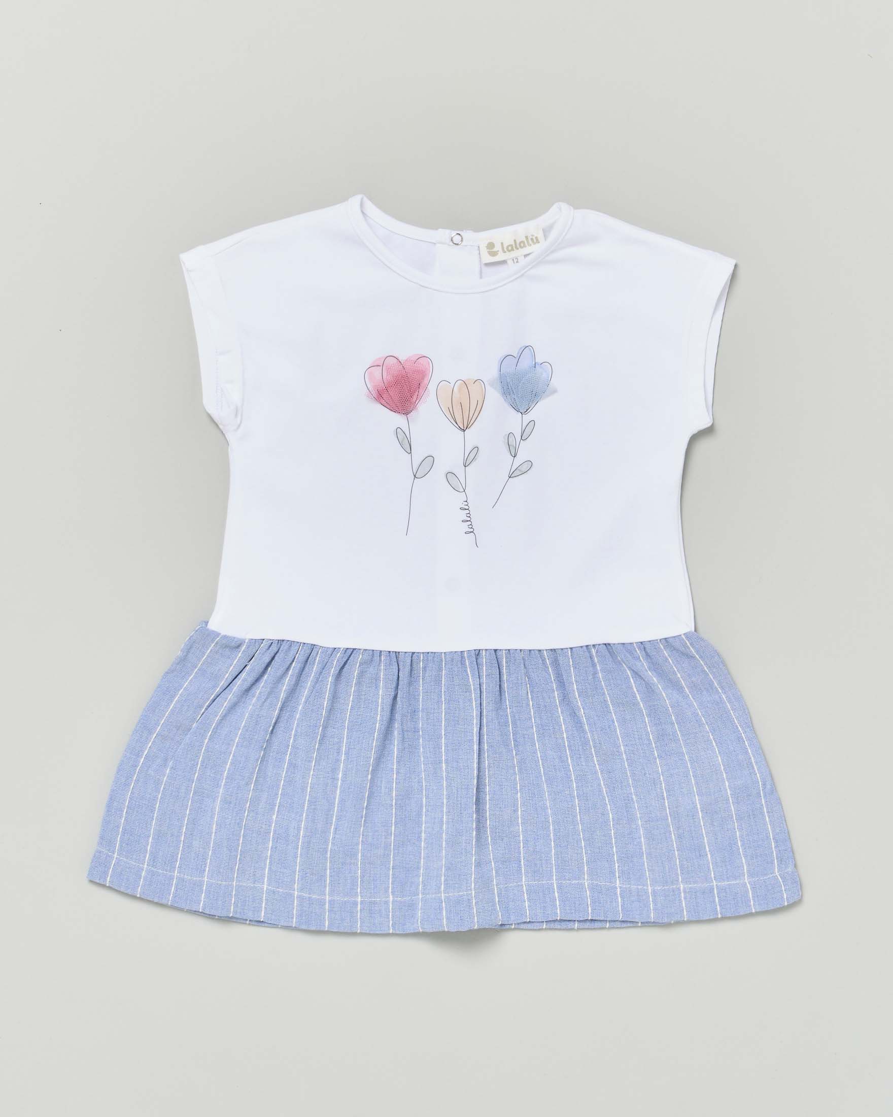 Abito Lalalù bianco e azzurro con fiori e petali in tulle