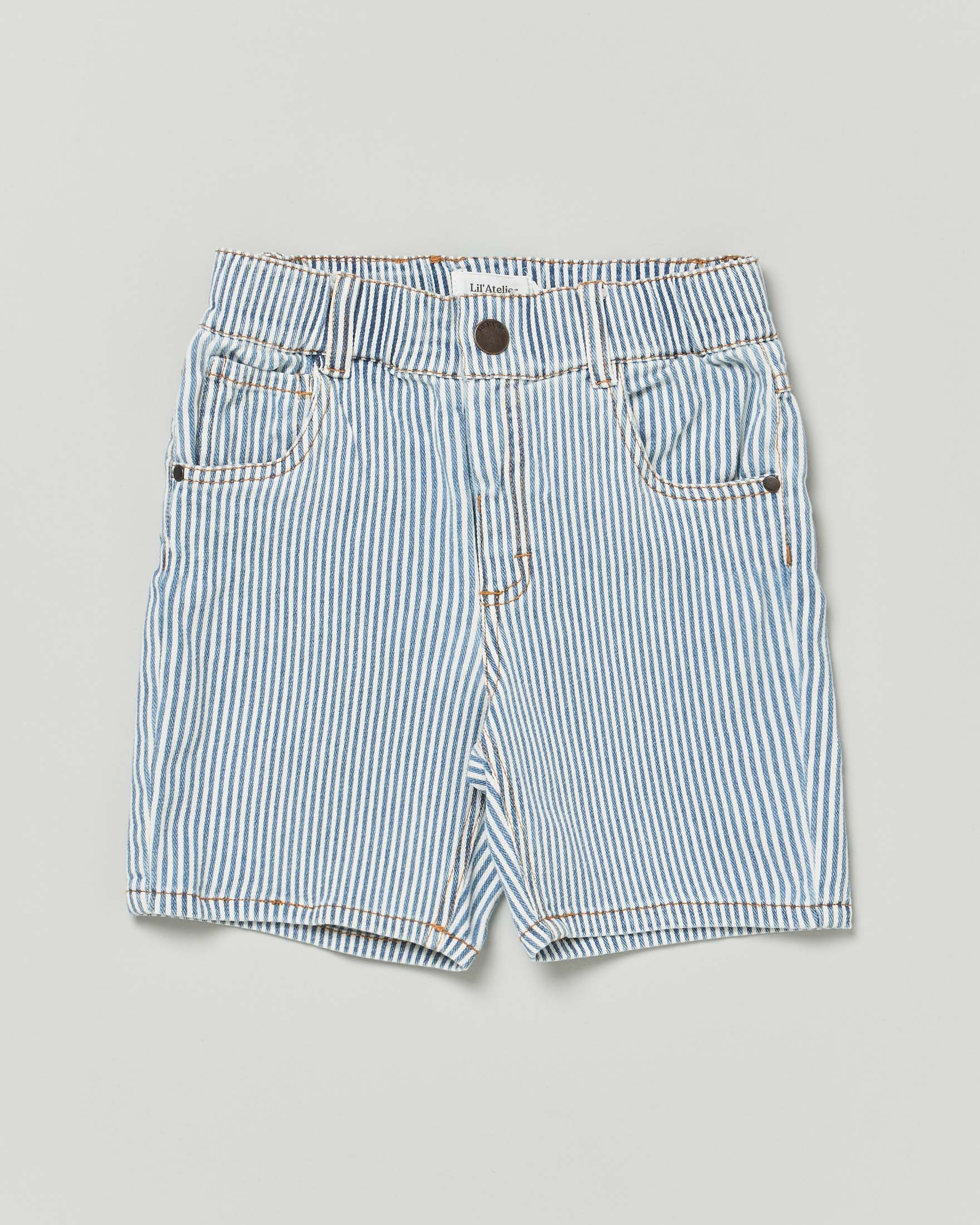 Bermuda Lil'Atelier a righe panna e azzurre in gabardina di cotone stretch
