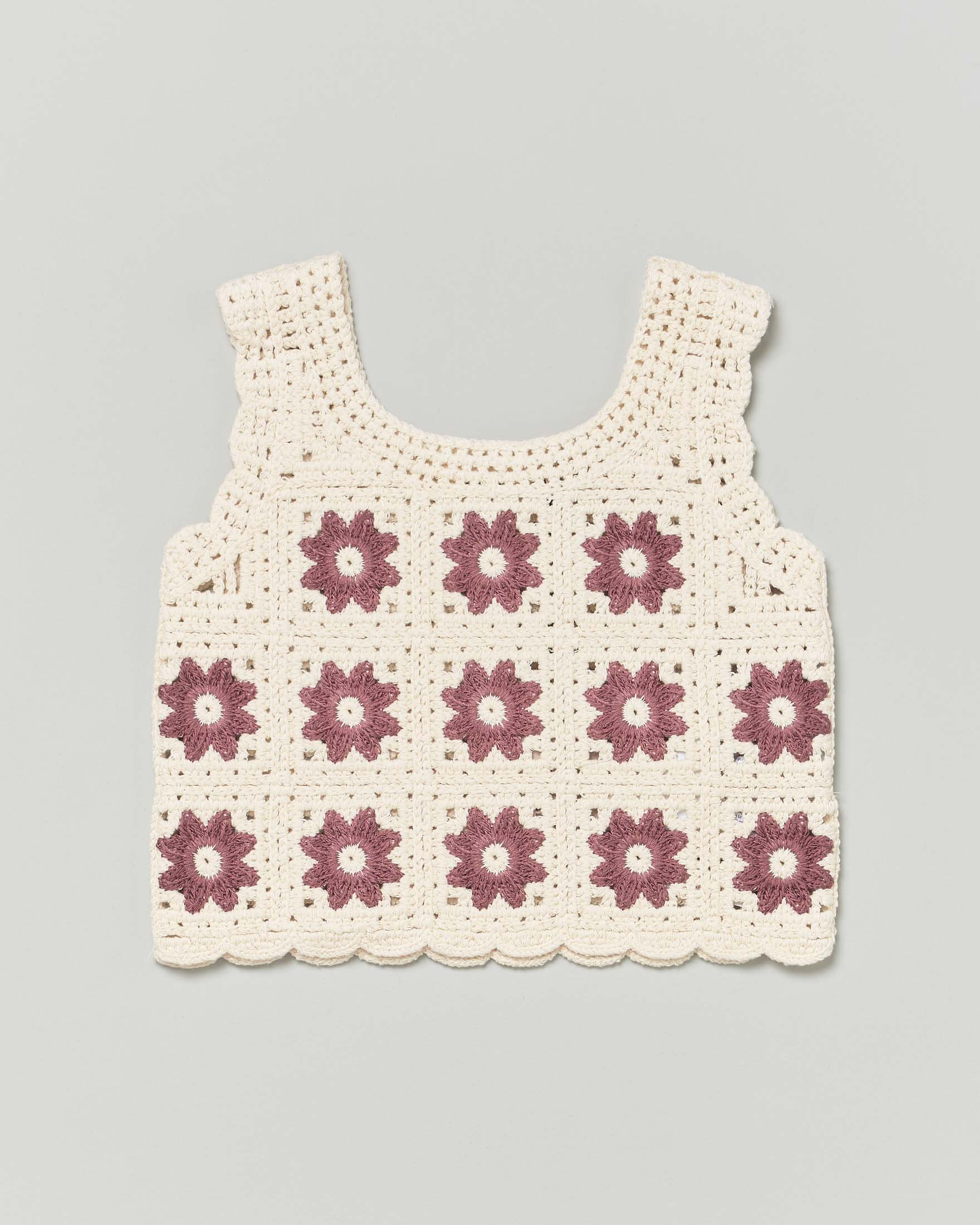 Gilet ecrù in maglia con lavorazione crochet a fiori