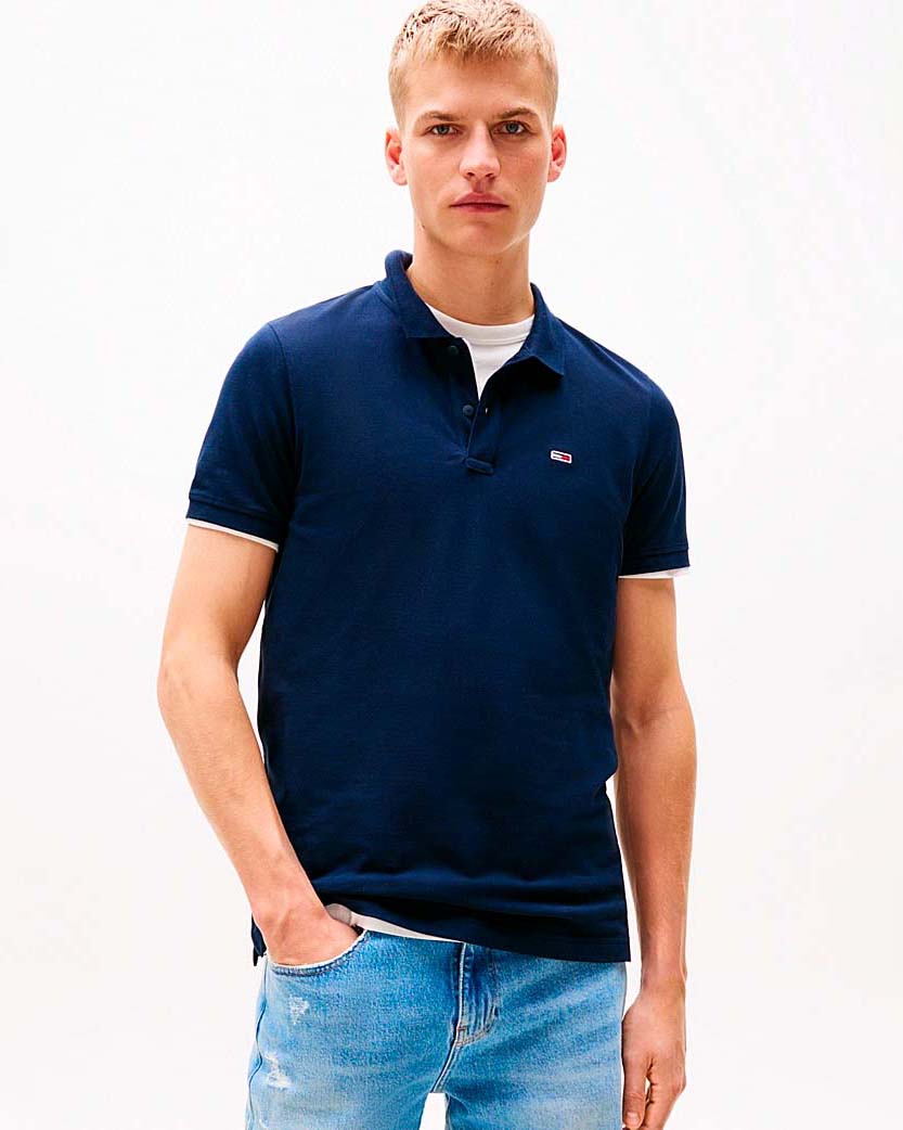 Polo mezza manica Tommy Jeans blu tinta unita in piquet di cotone