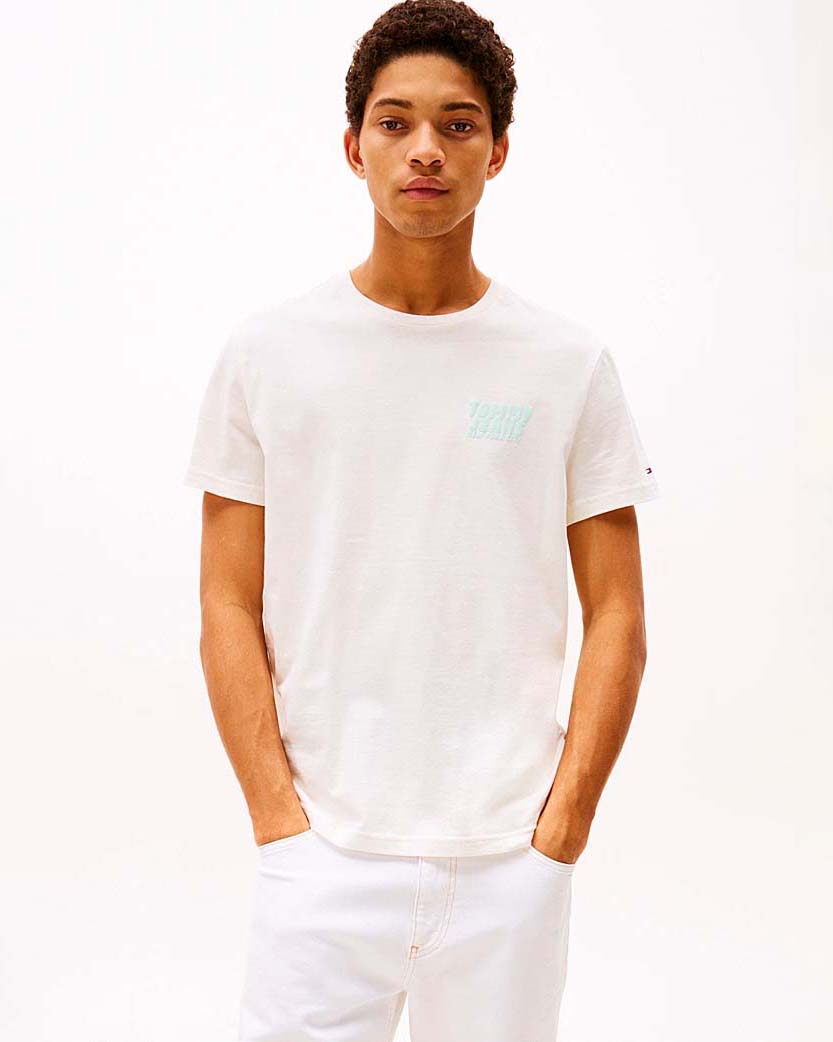 T-shirt mezza manica Tommy Jeans panna con scritta logo gommata sul petto