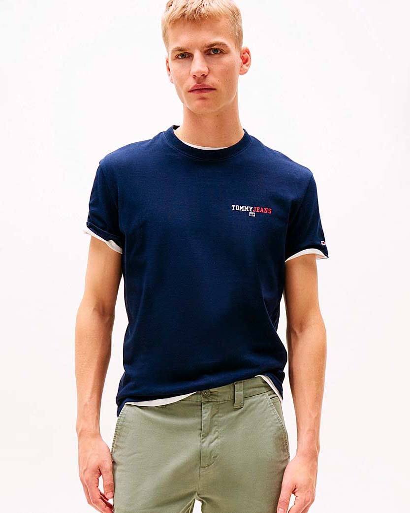 T-shirt mezza manica Tommy Jeans blu con scritta logo bicolore piccola sul petto e maxi sul retro