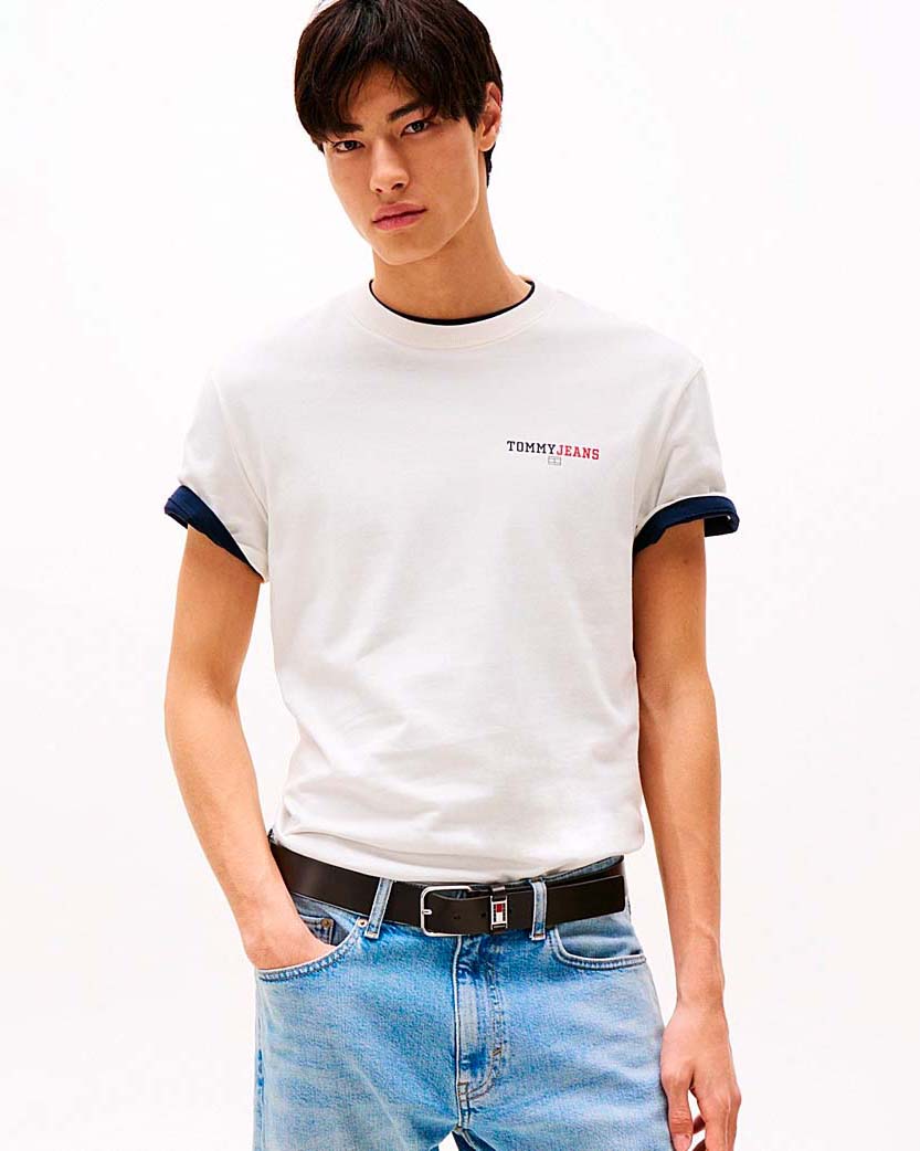T-shirt mezza manica Tommy Jeans panna con scritta logo bicolore piccola sul petto e maxi sul retro