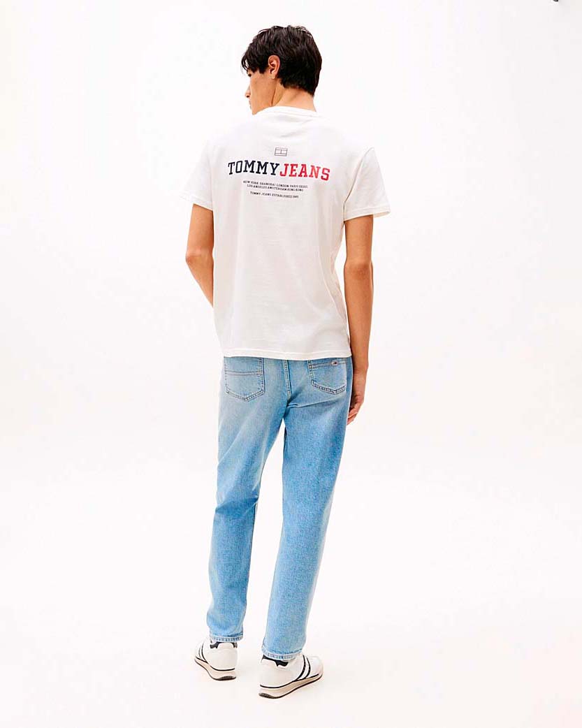 T-shirt mezza manica Tommy Jeans panna con scritta logo bicolore piccola sul petto e maxi sul retro