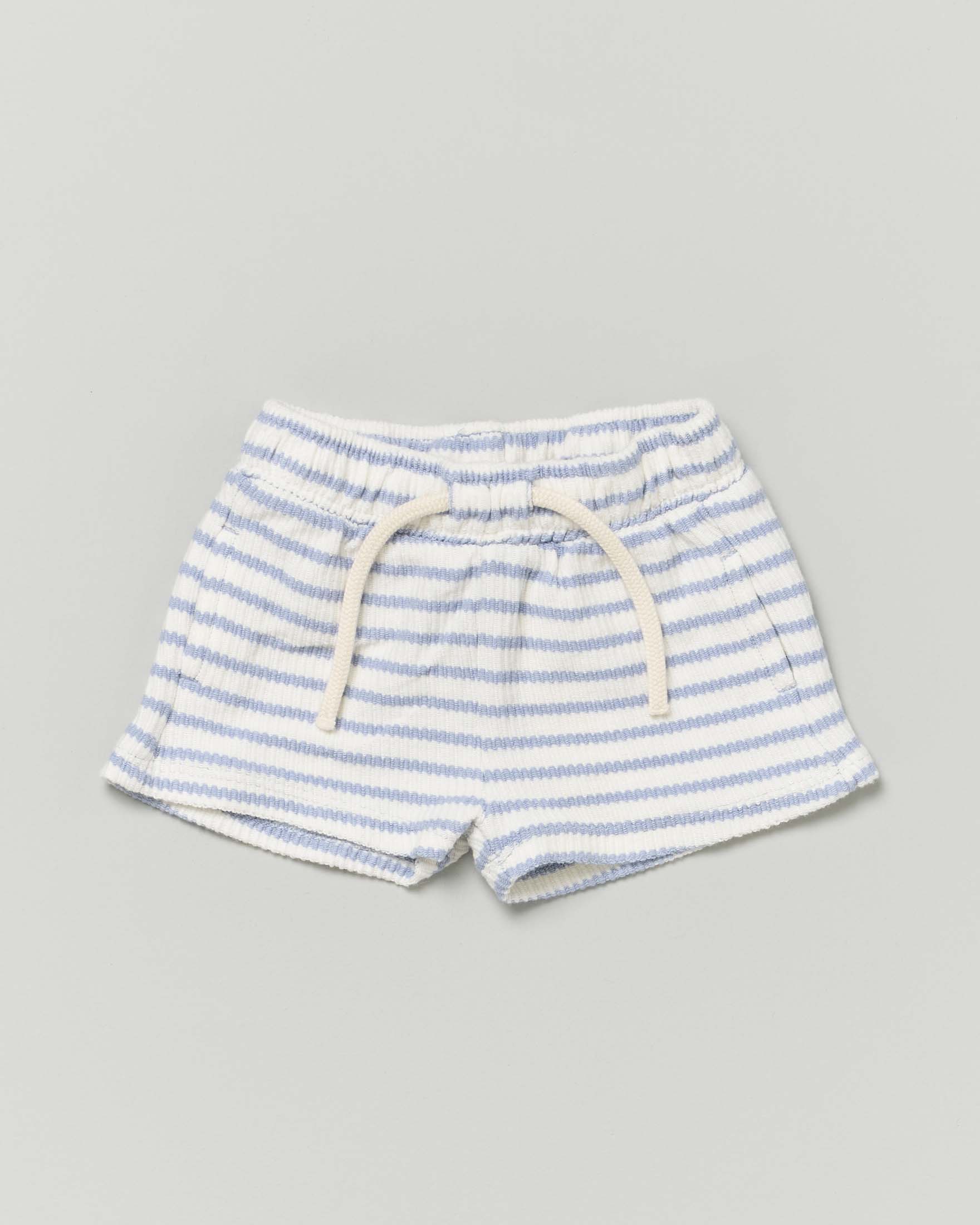 Short Lil'Atelier in maglia di cotone a righe avorio e azzurre