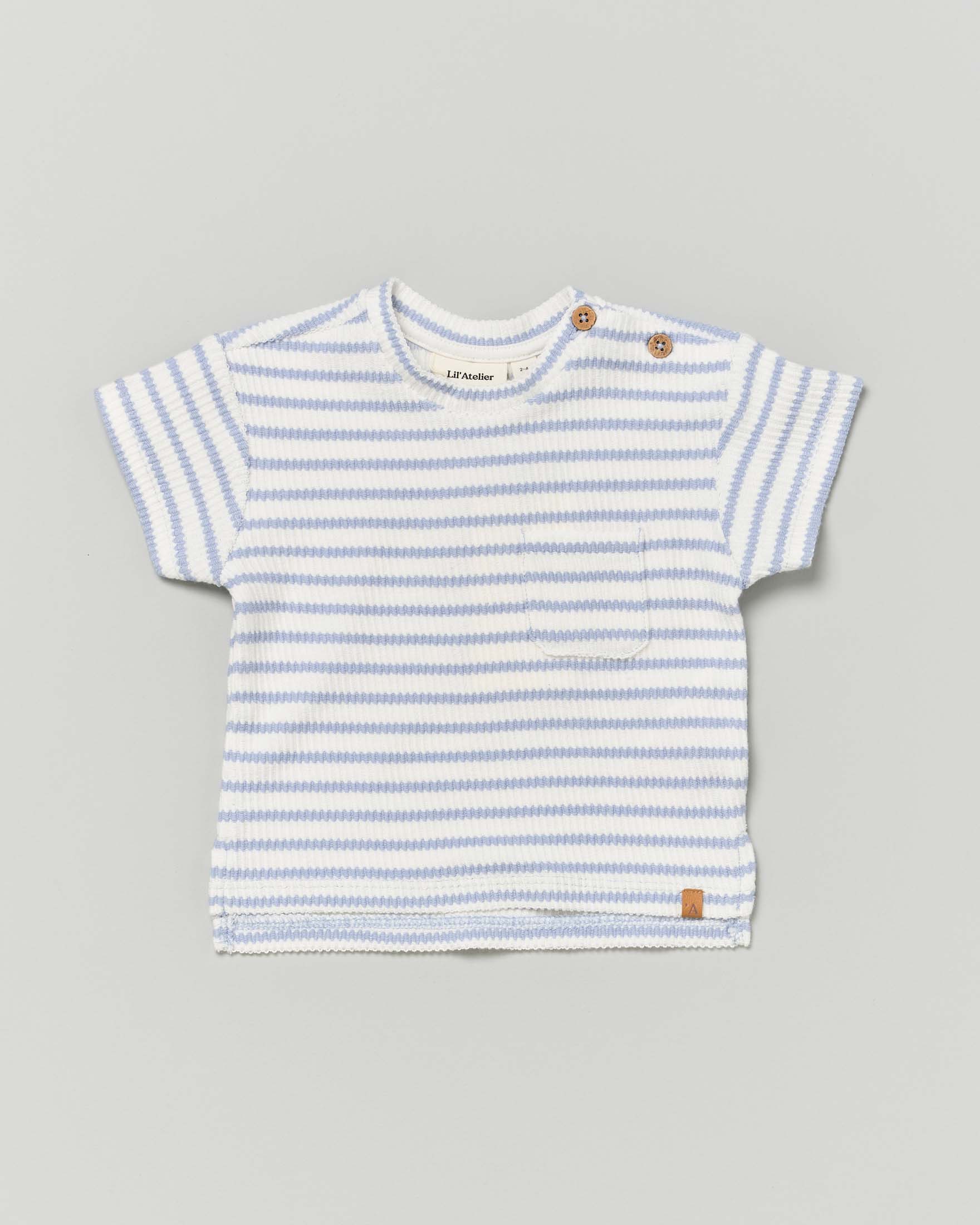 T-shirt mezza manica a righe avorio e azzurre con taschino
