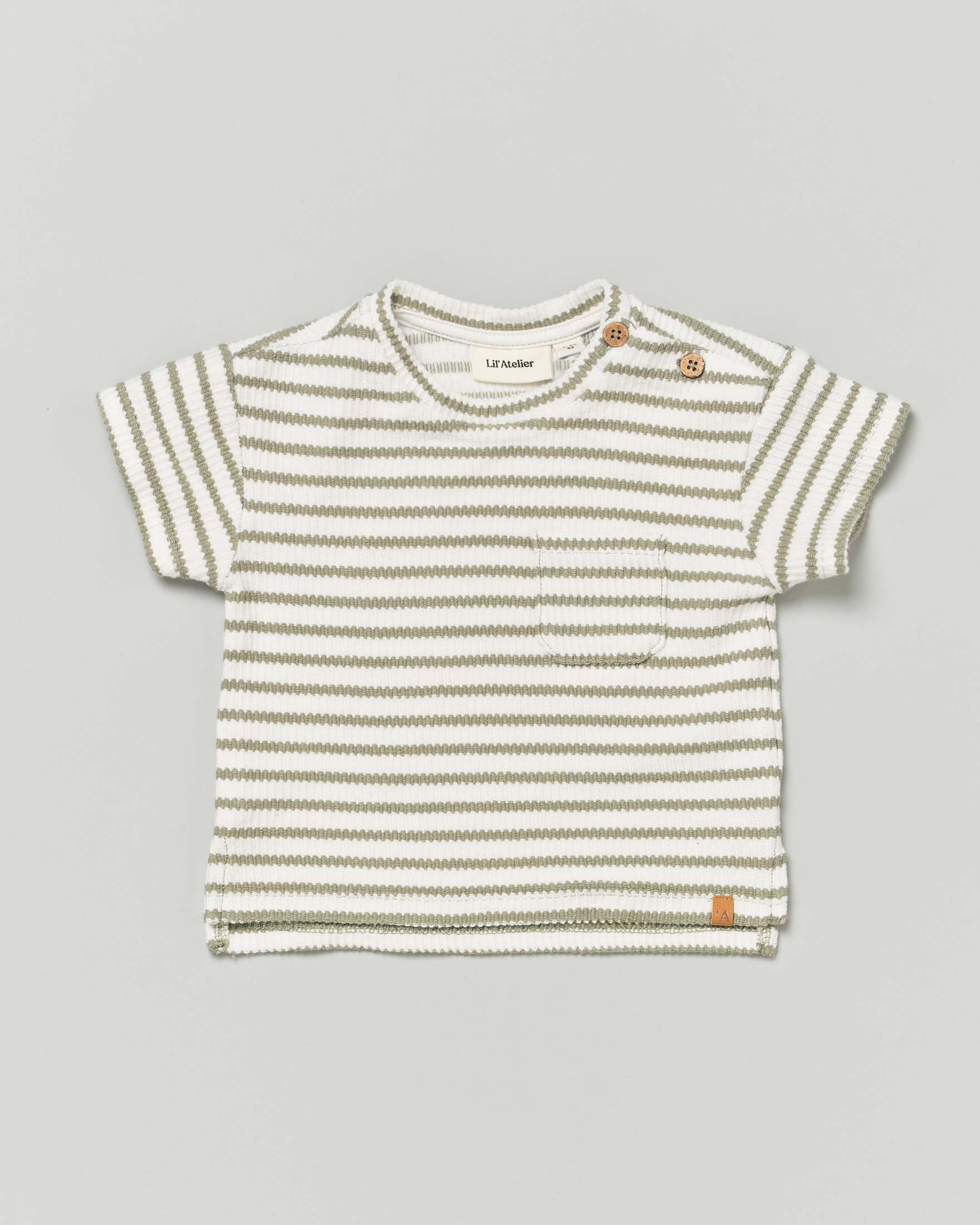 T-shirt mezza manica a righe avorio e verdi militare con taschino