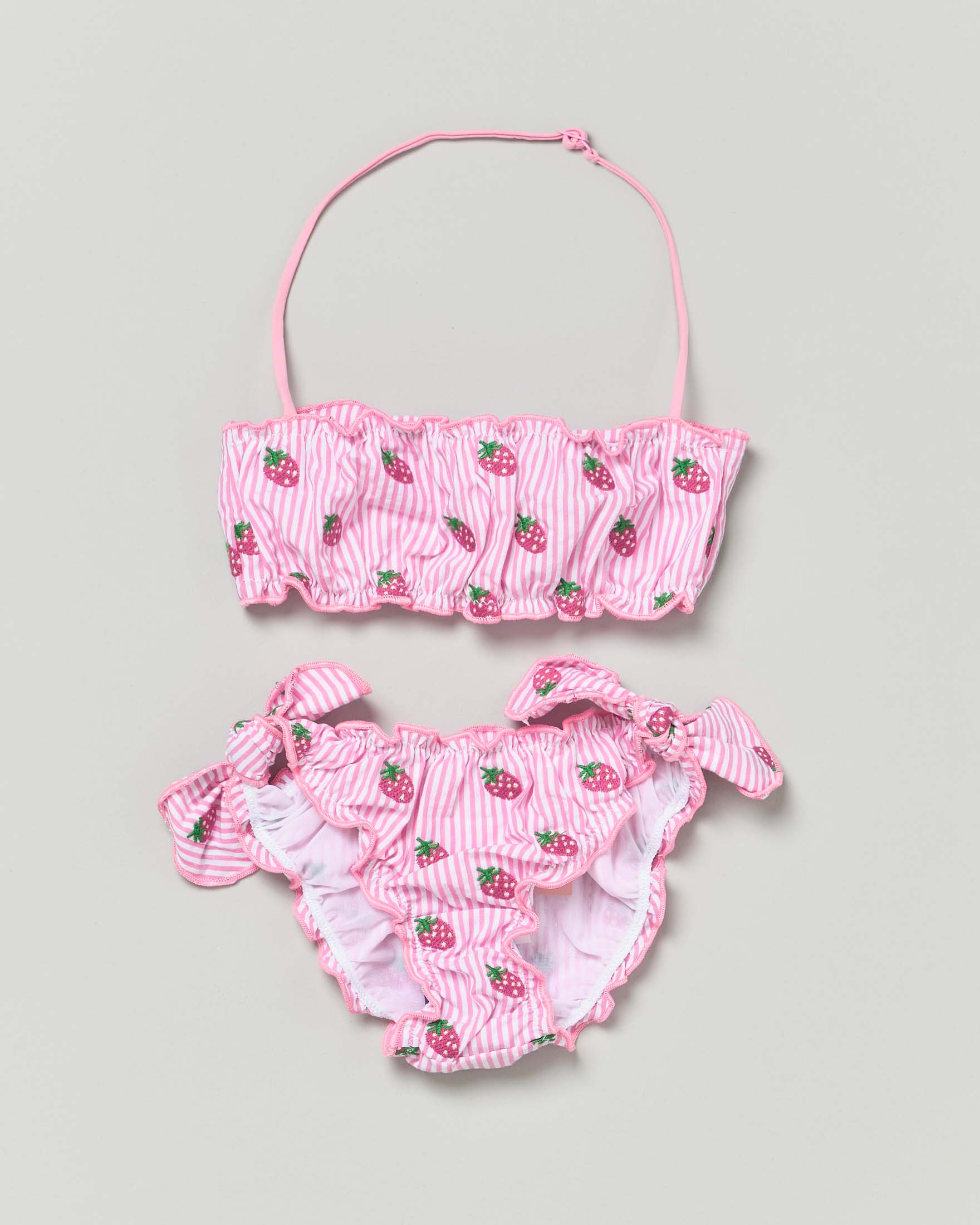 Bikini a fascia Emy MC2 Saint Barth a righine rosa e bianche con fragole