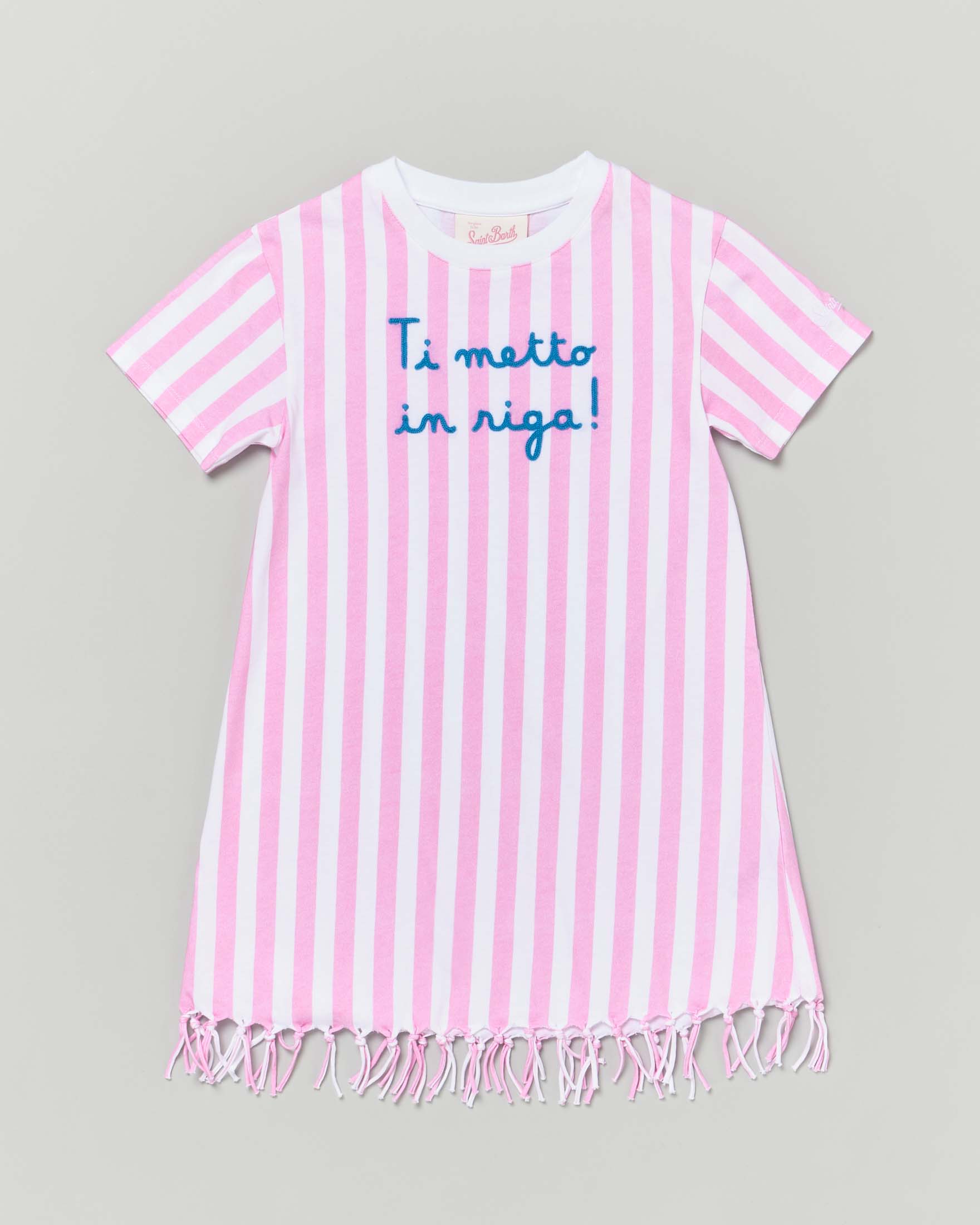 Copricostume MC2 Saint Barth a righe rosa e bianche e scritta Ti metto in riga!