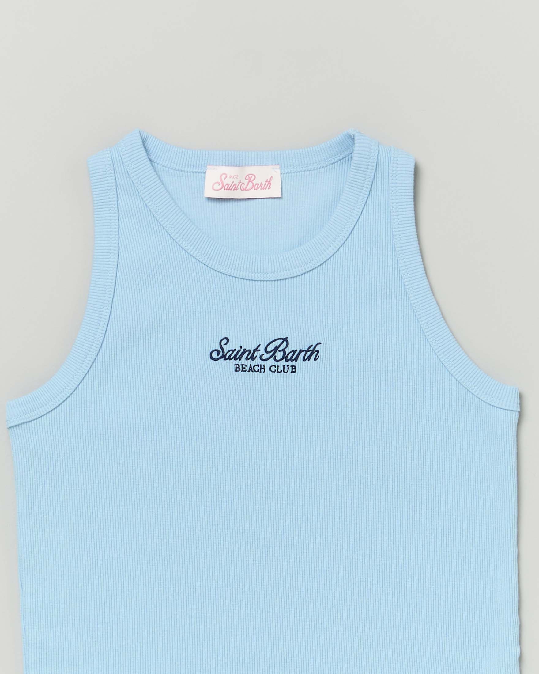 Canotta Crop Top Per Bambina Mc2 Saint Barth - Cotone Costine, Celeste, Stampa Beach Club