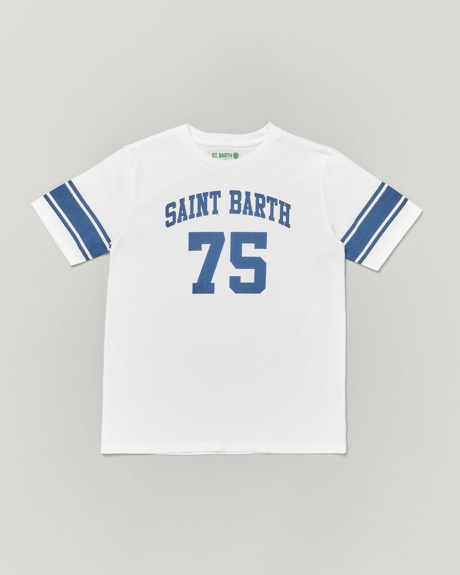 T-shirt bianca con fasce e numero 75 azzurro