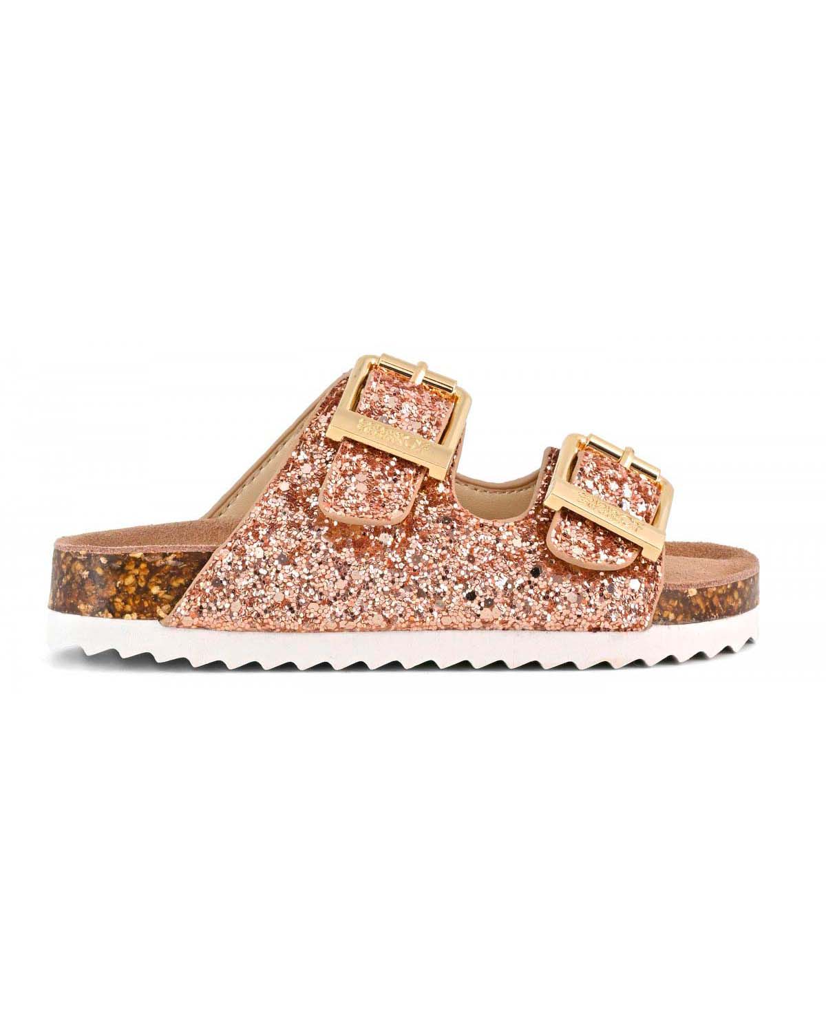 Sandalo glitterato rosa con fibbie color oro