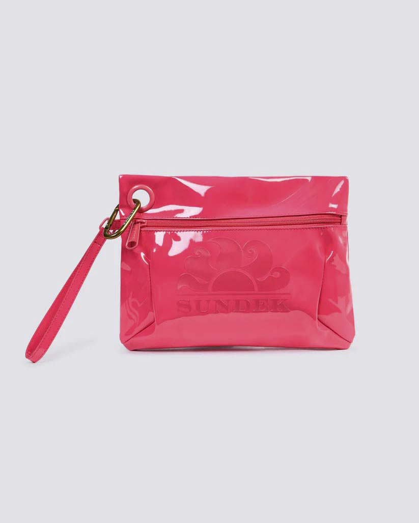 Pochette fucsia Sundek in materiale impermeabile lucido con patch logo in gomma e laccetto